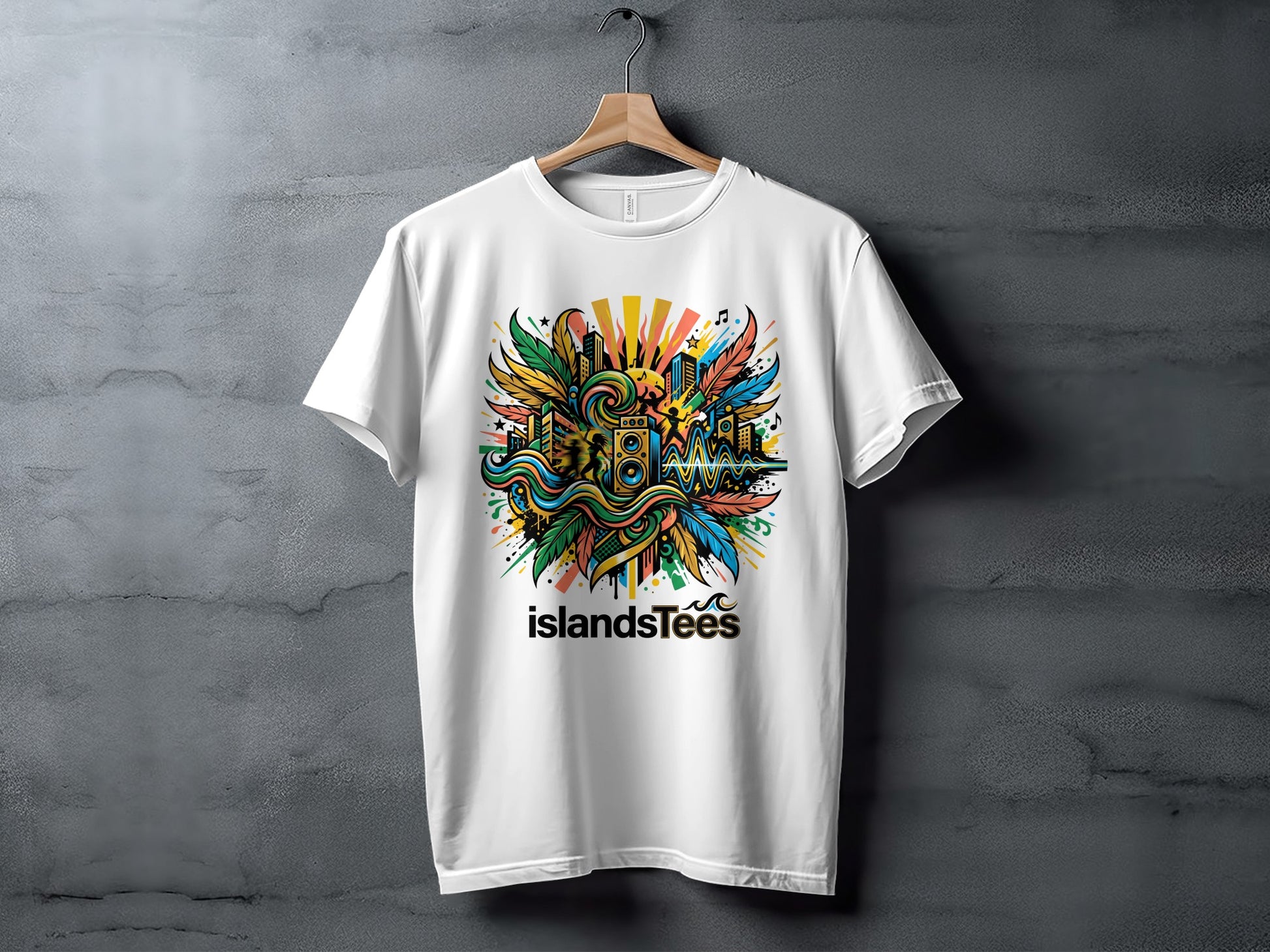 White t-shirt with colorful island-themed graphic and "islandsTees" logo.