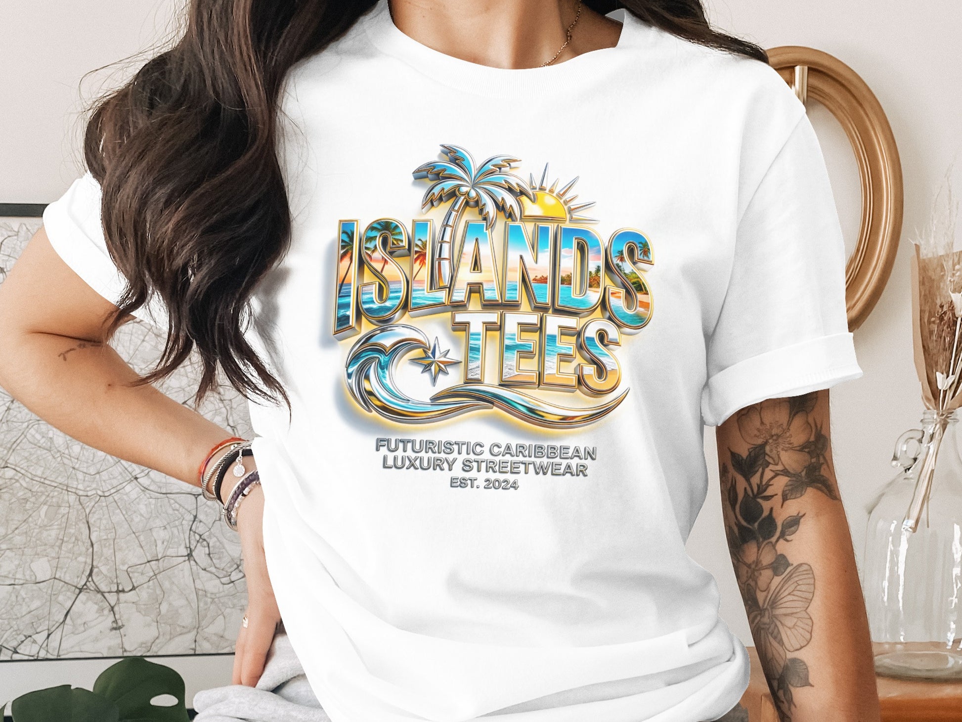 White t-shirt with "ISLANDS TEES" text, palm trees, and ocean waves.