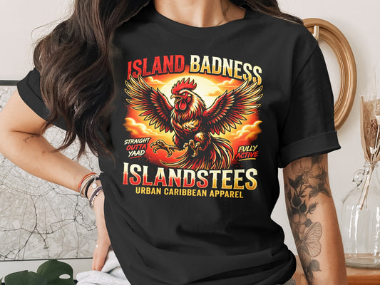Black t-shirt with "Island Badness" rooster graphic and "Islandstees" text.