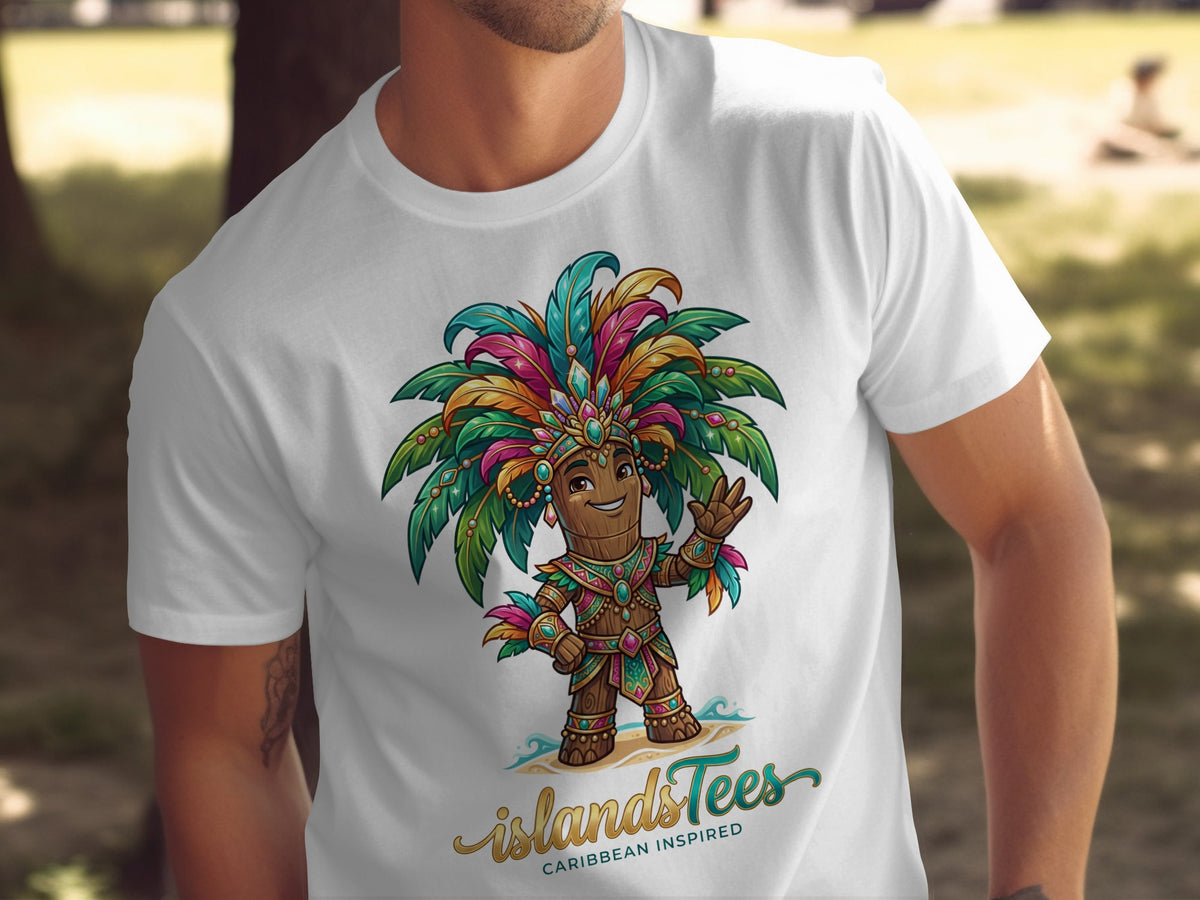 T-shirt with cartoon figure in colorful headdress and "Islands Tees" text.