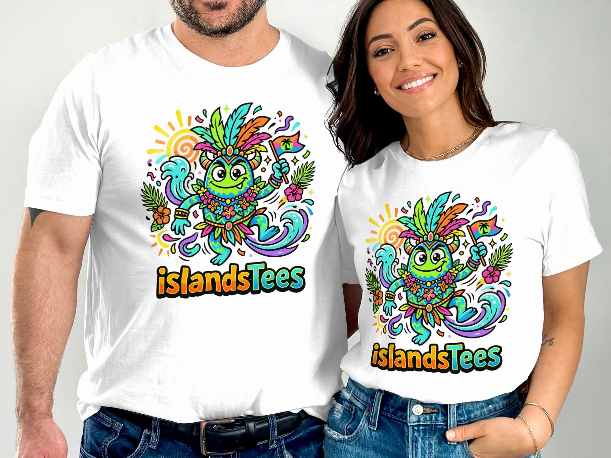 Two people wearing white t-shirts with colorful monster graphic and "islandsTees" logo.