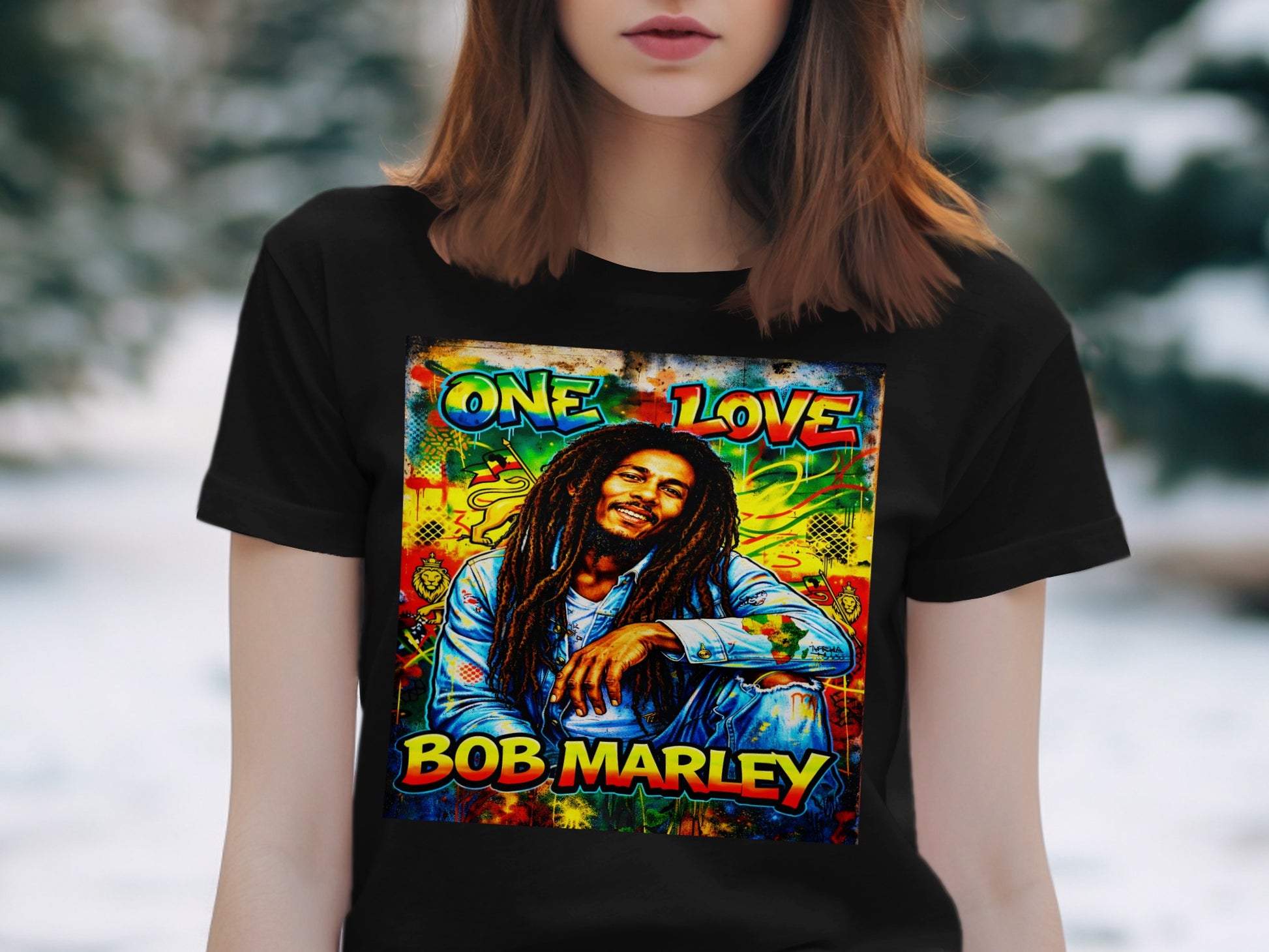 Black t-shirt with colorful Bob Marley "ONE LOVE" graphic.