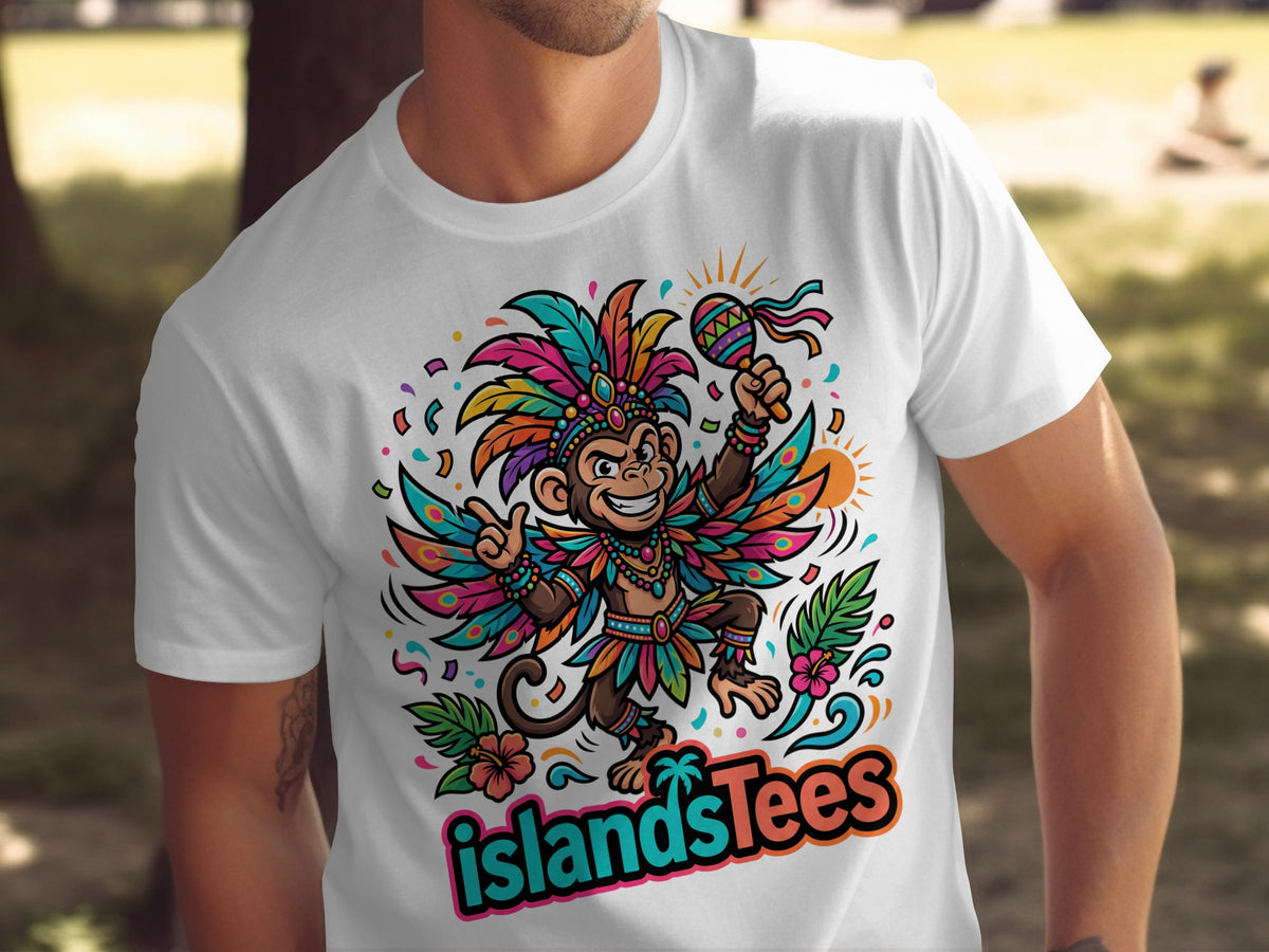 White t-shirt with cartoon monkey in colorful headdress holding maraca and "IslandsTees" text.