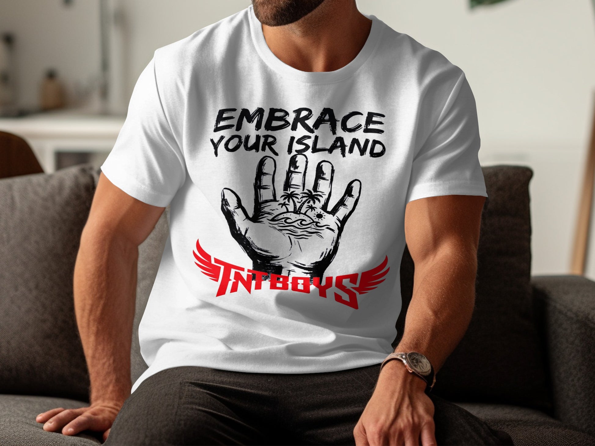 White t-shirt with "EMBRACE YOUR ISLAND" and a hand graphic with palm trees.
