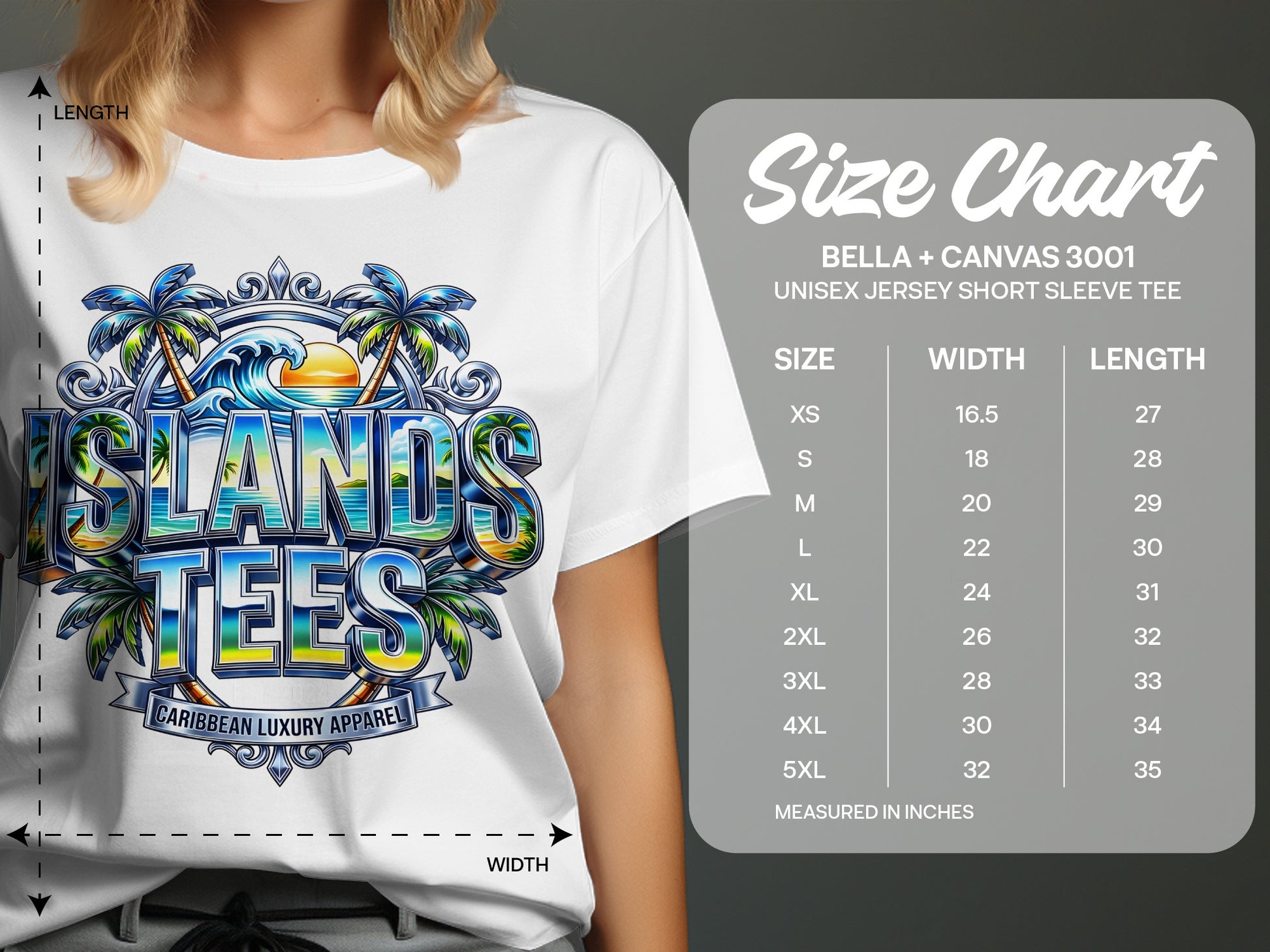 T-shirt with "Islands Tees" and palm trees graphic, next to a size chart.