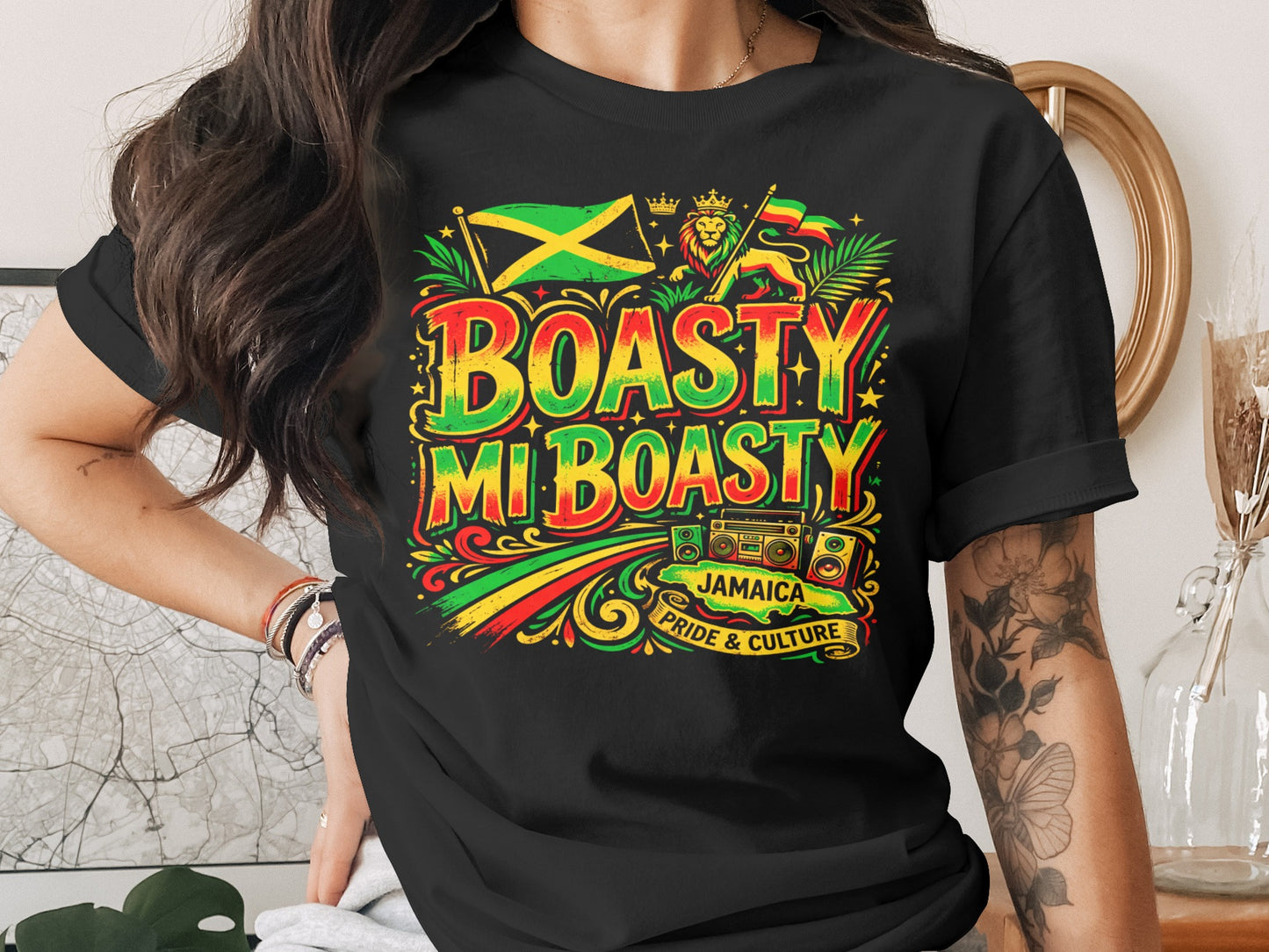 Black t-shirt with vibrant "Boasty Mi Boasty Jamaica Pride & Culture" graphic and boombox.