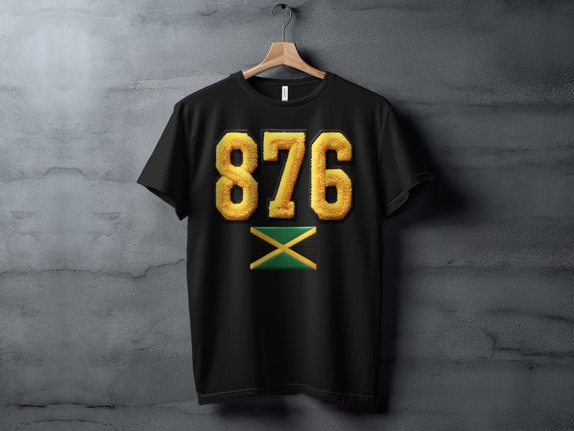 Black t-shirt with "876" and Jamaican flag.