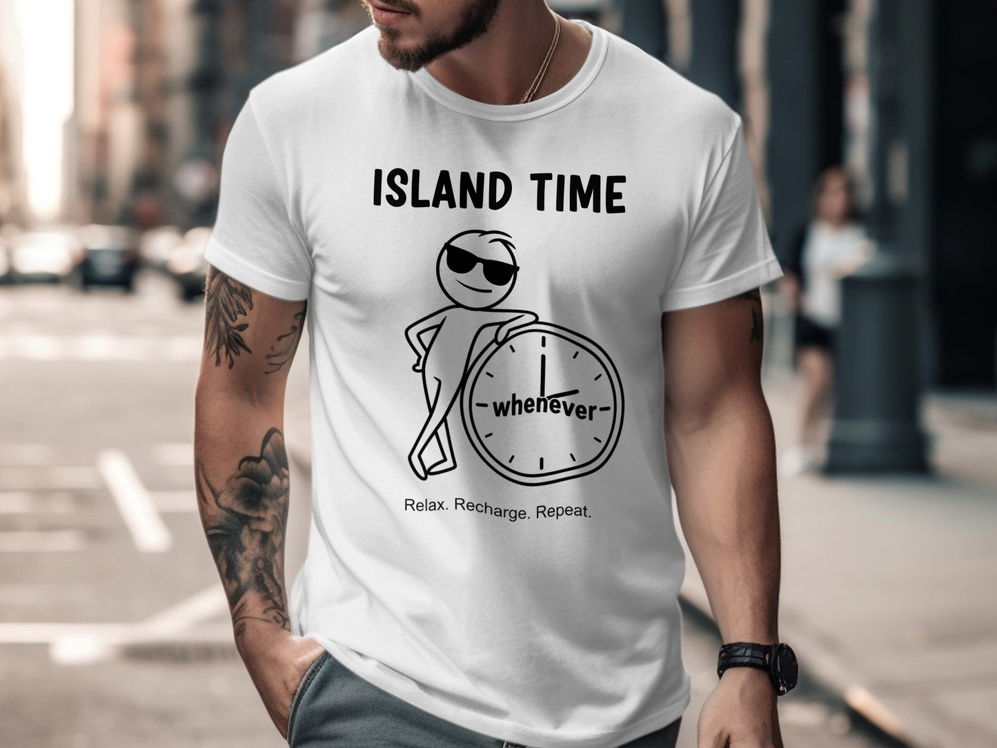 White t-shirt with "Island Time - whenever" text and clock graphic.