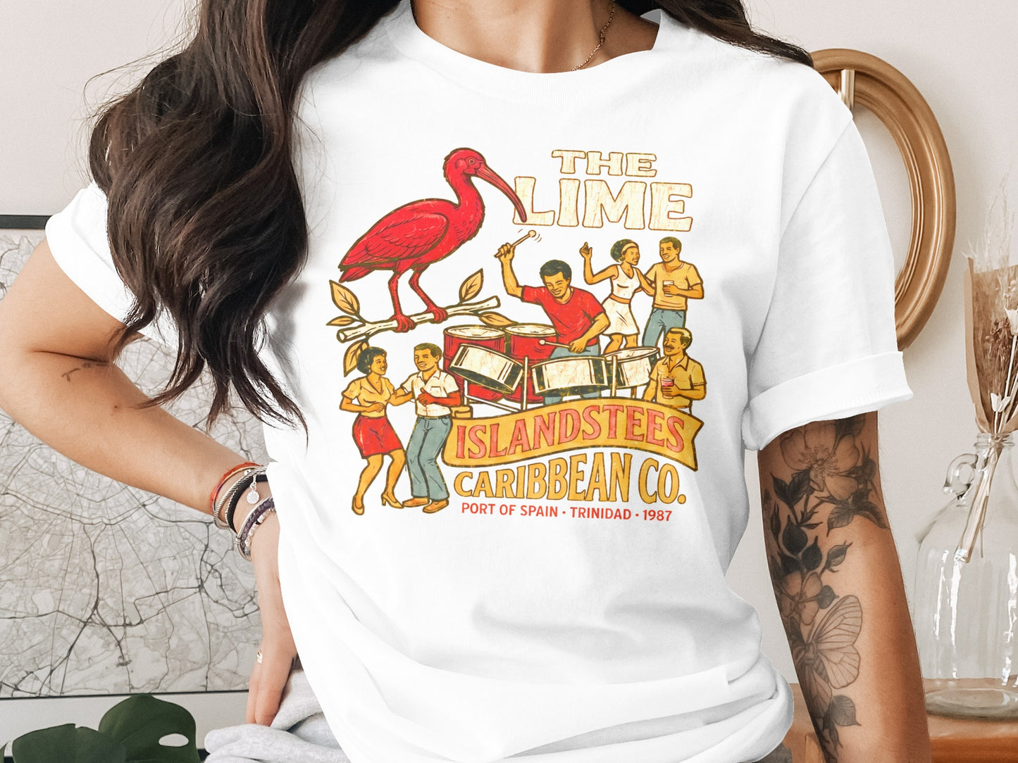 The Lime Islandstees Caribbean Co. band with red ibis, port of Spain, Trinidad, 1987.