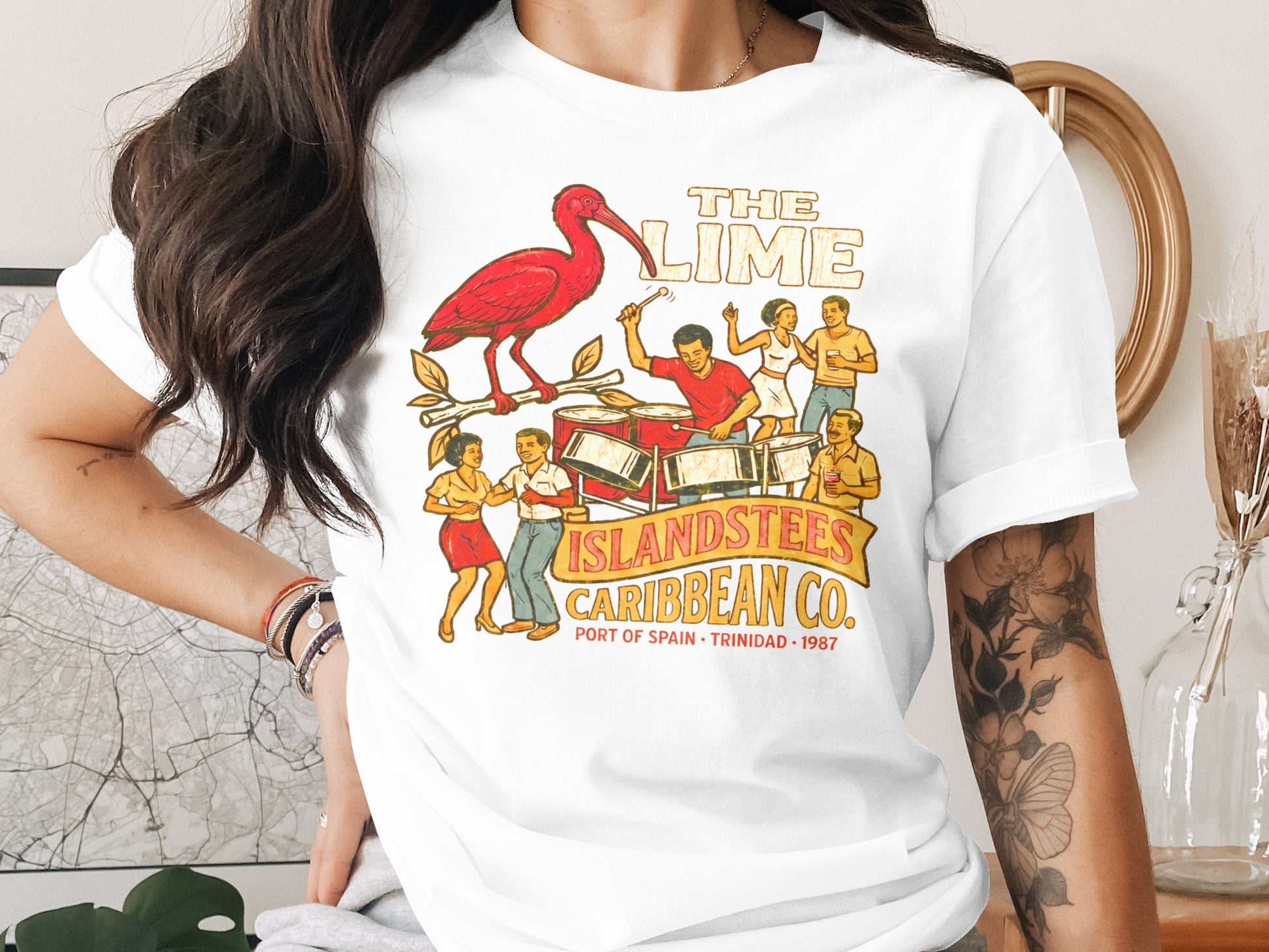 The Lime Islandstees Caribbean Co. band with red ibis, port of Spain, Trinidad, 1987.