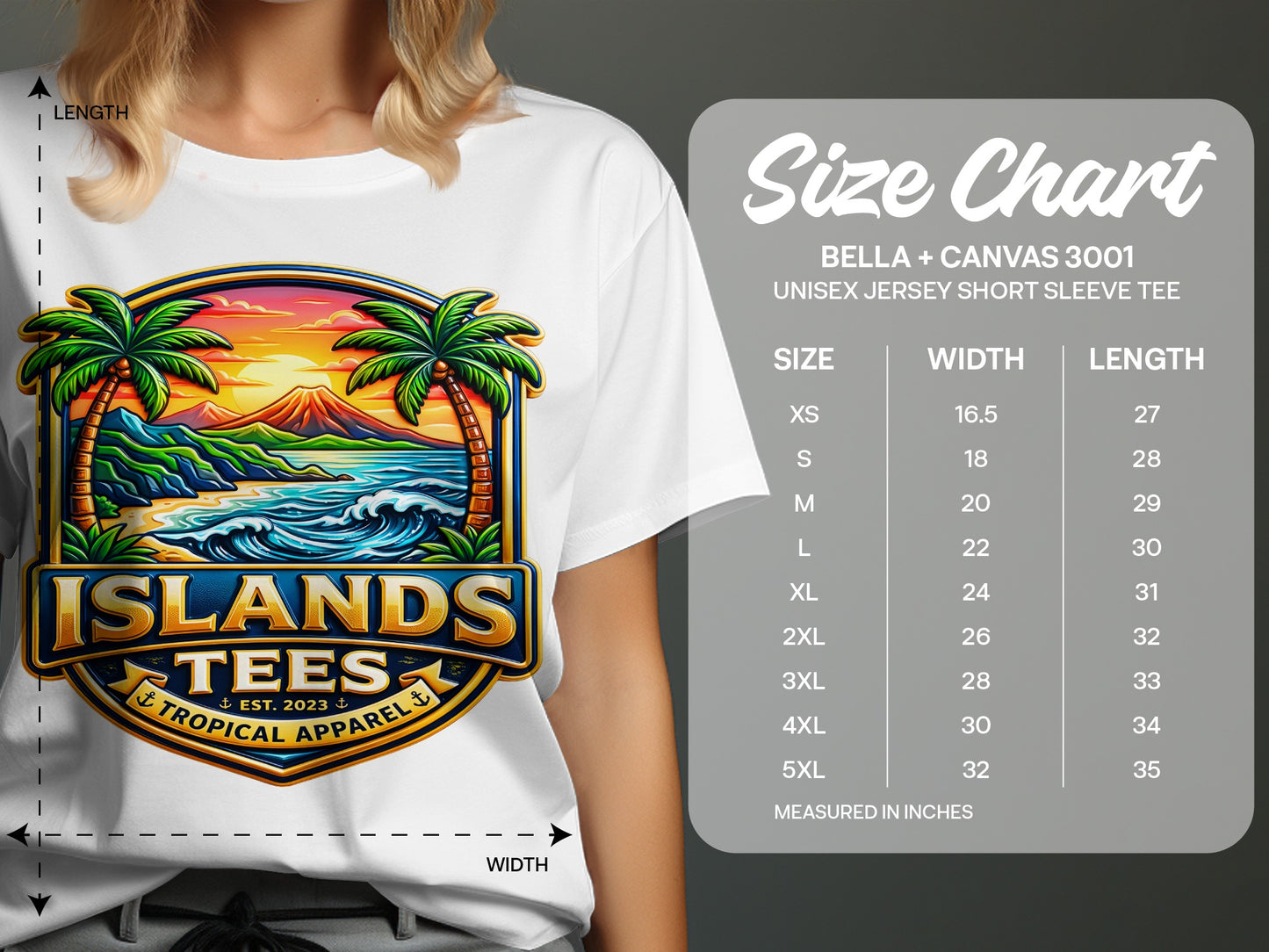 T-shirt graphic with islands, palm trees, waves, and "ISLANDS TEES" text above a size chart.
