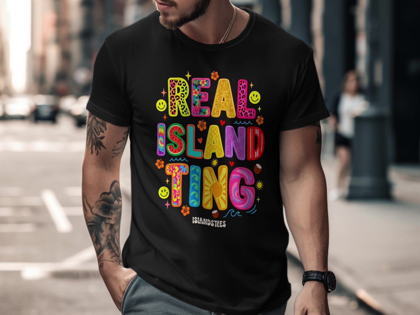 Black t-shirt with colorful "Real Island Ting" text and playful graphics.
