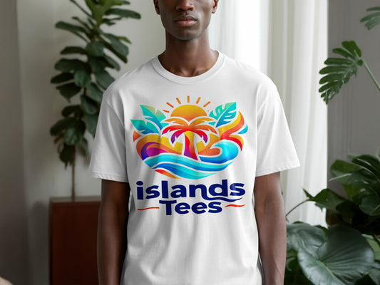 White t-shirt with colorful Islands Tees logo featuring a sunset, palm tree, and waves.