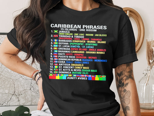 Black t-shirt with "Caribbean Phrases" and a list of islands with associated slang.