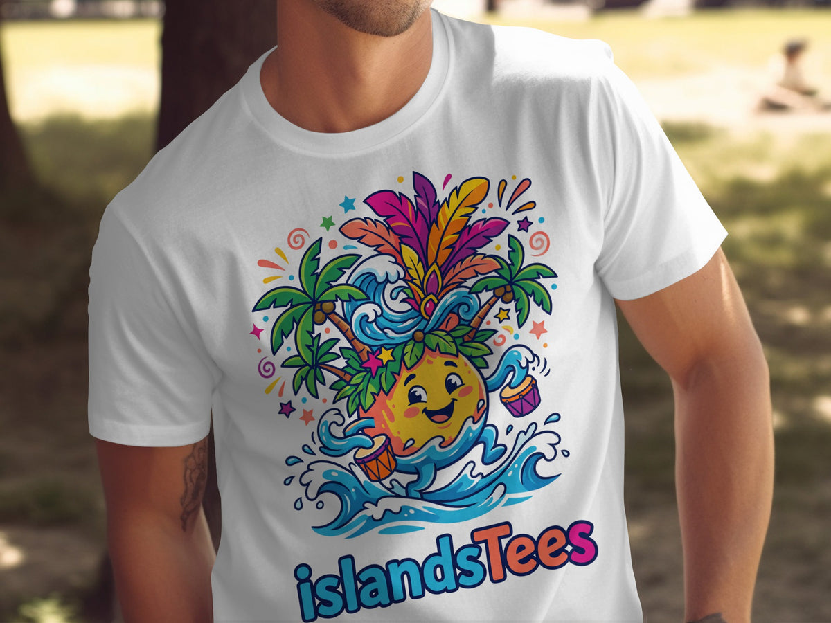 T-shirt with cartoon pineapple wearing crown, surrounded by colorful feathers, waves, and palm trees.