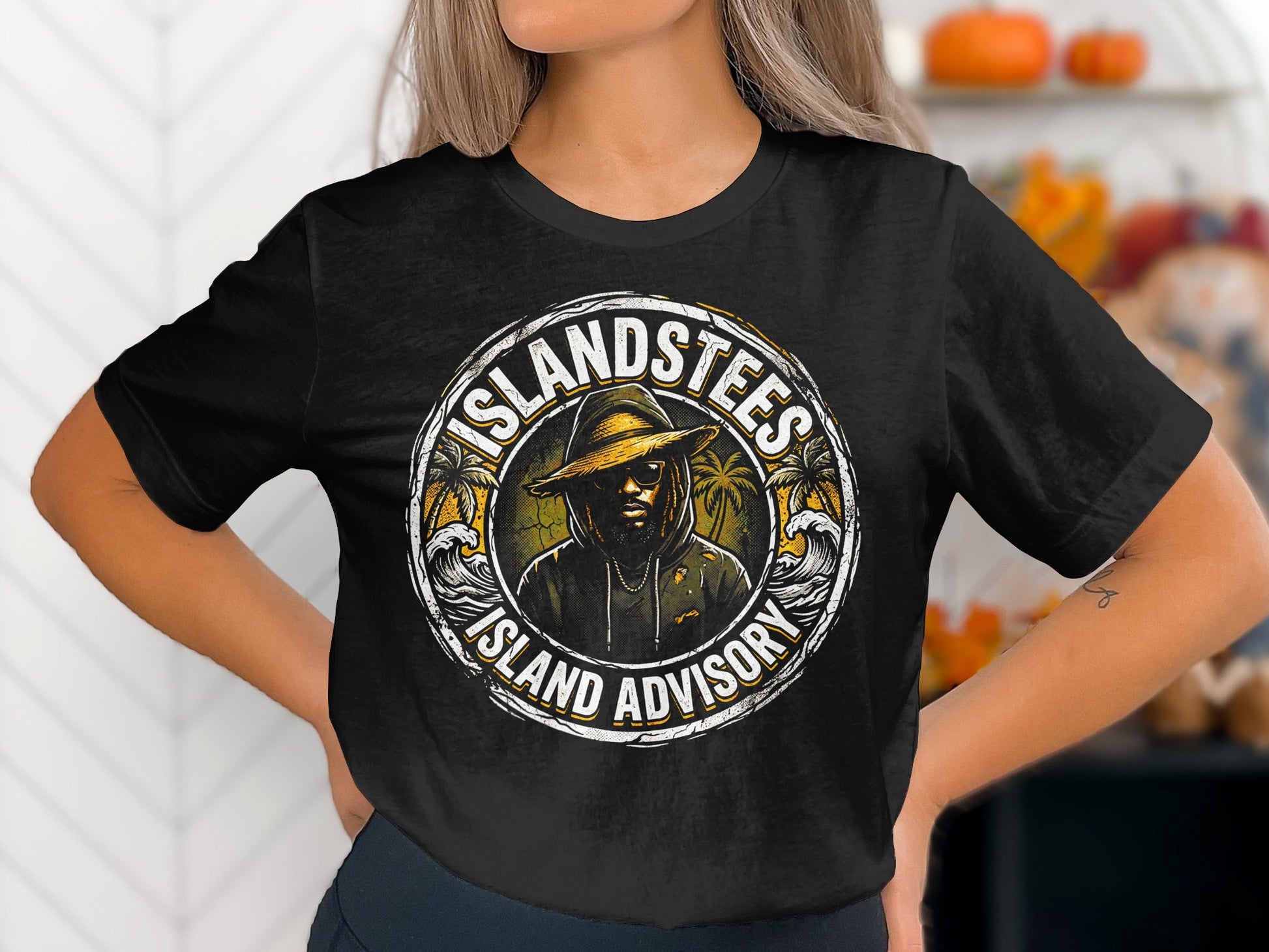 Black t-shirt with a circular graphic featuring a man in a hat and sunglasses.