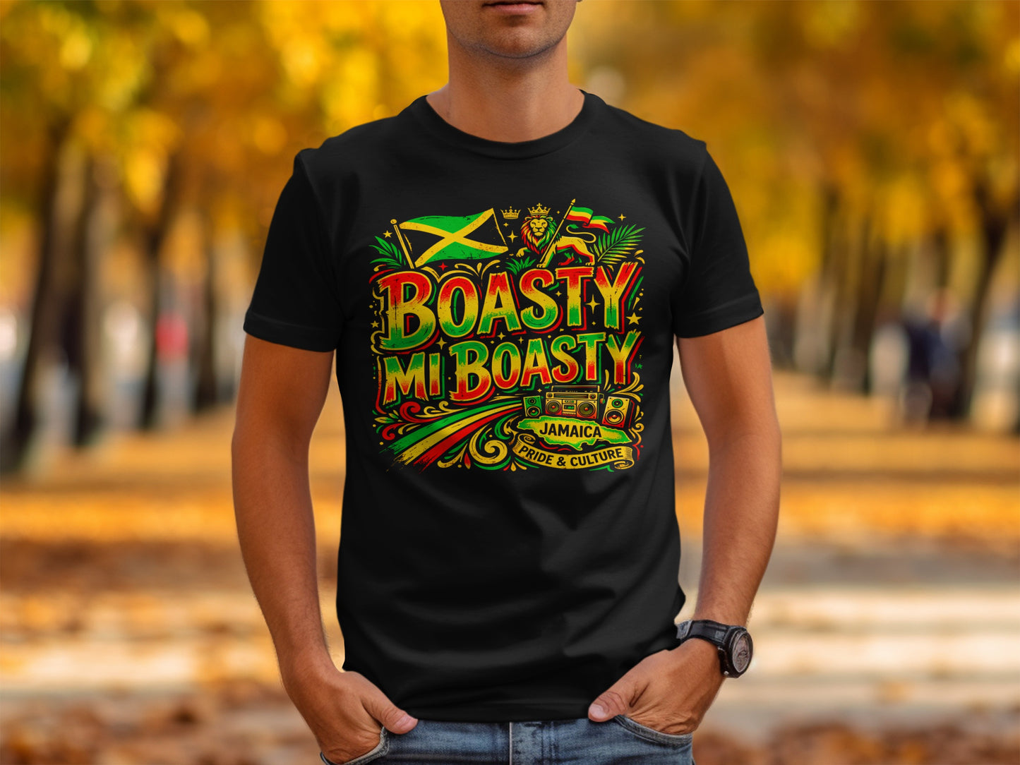 Black t-shirt with "BOASTY MI BOASTY JAMAICA PRIDE & CULTURE" text and Jamaican flag.