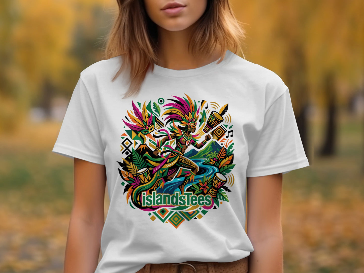 T-shirt with colorful tribal dancers and musical instruments design.