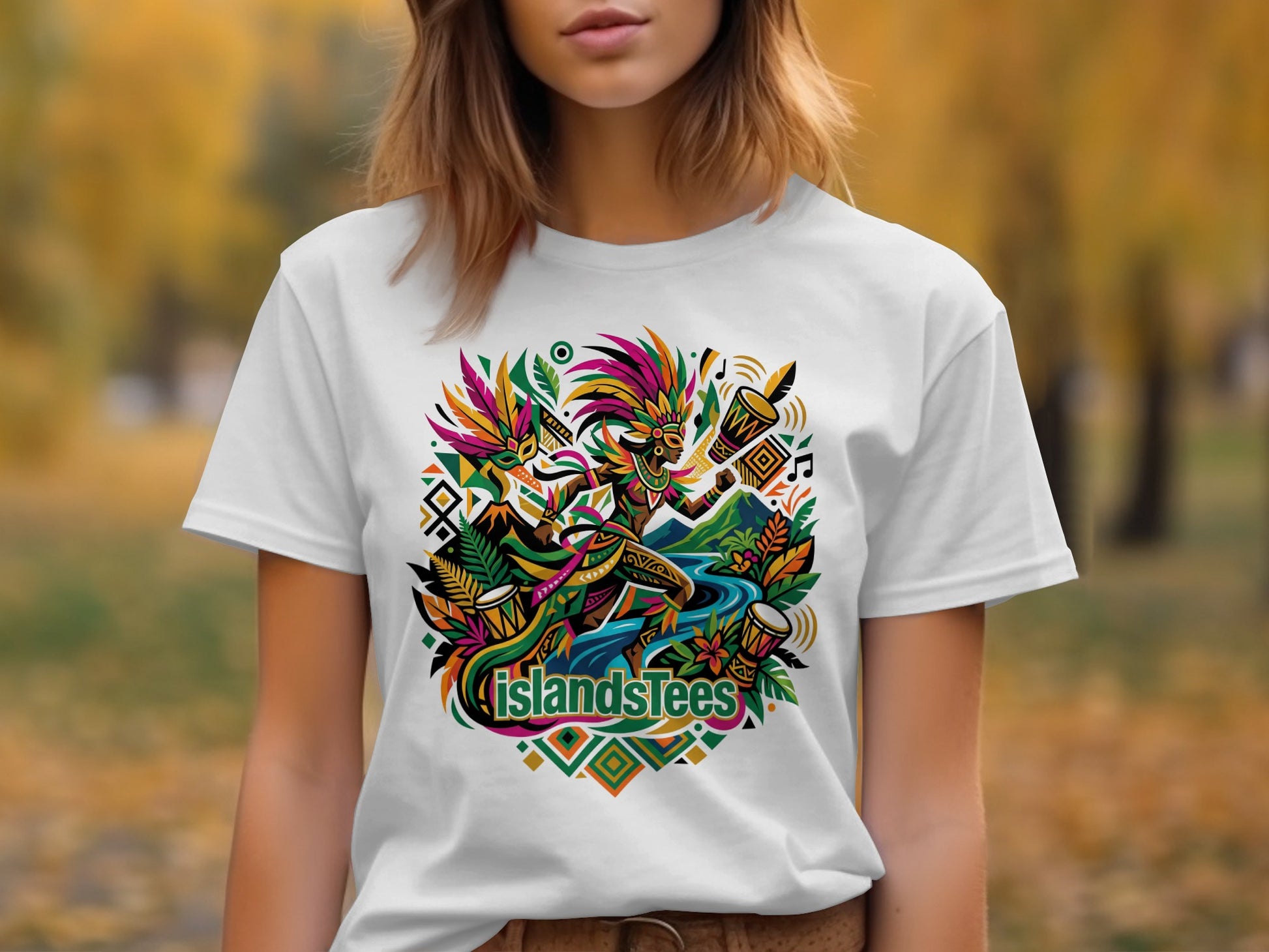 T-shirt with colorful tribal dancers and musical instruments design.
