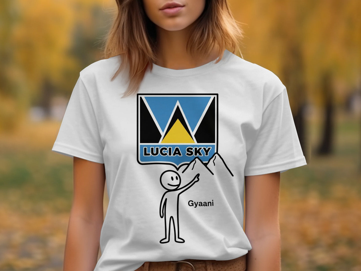 White t-shirt with "LUCIA SKY" logo and a stick figure.