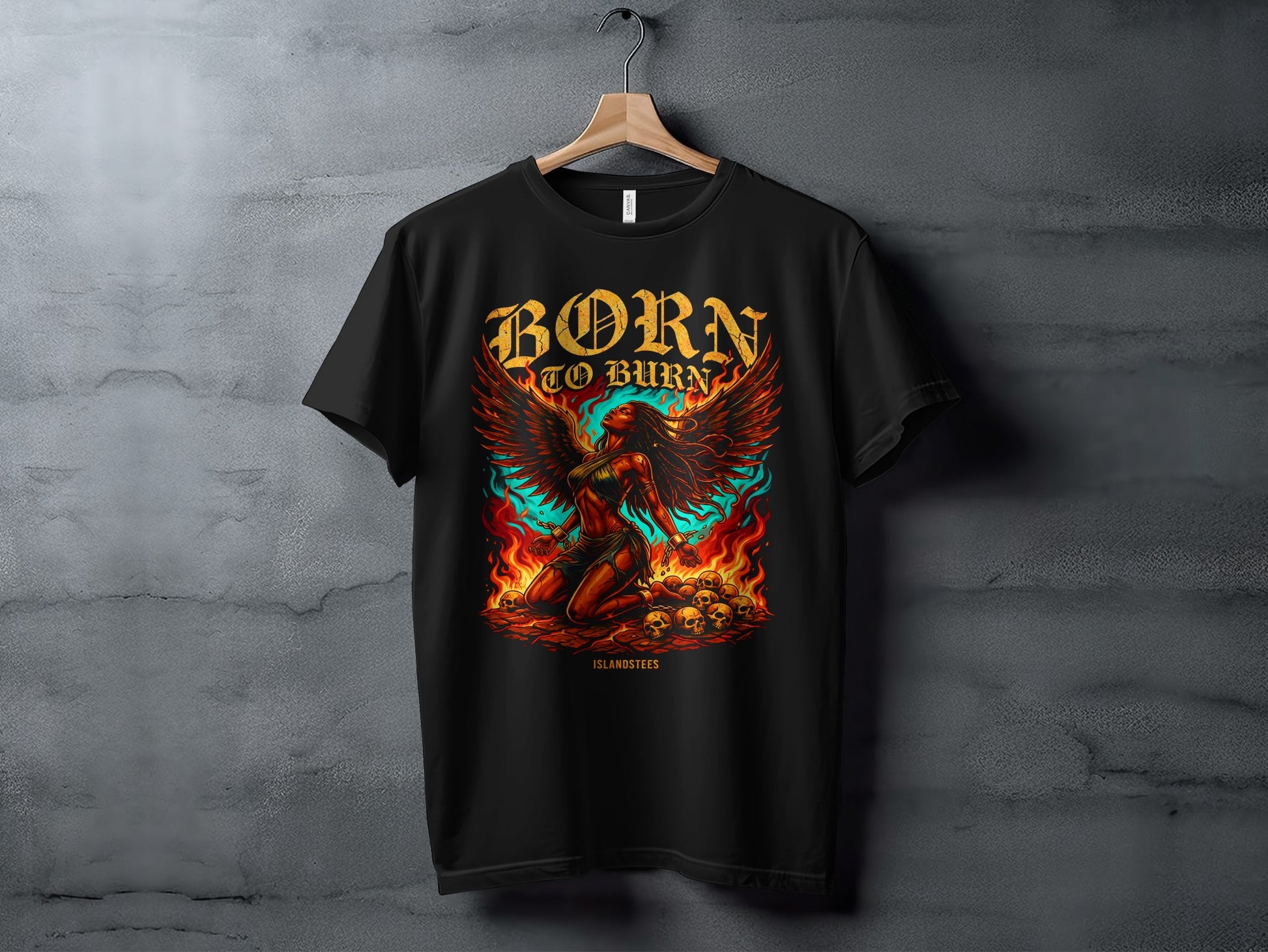 Black t-shirt with a distressed graphic of a winged warrior kneeling amidst flames and skulls. Text reads "BORN TO BURN".