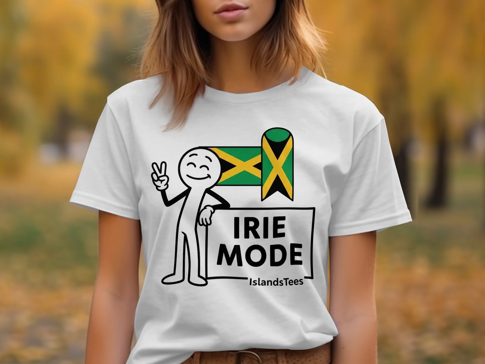 White t-shirt with "Irie Mode" and Jamaican flag design.