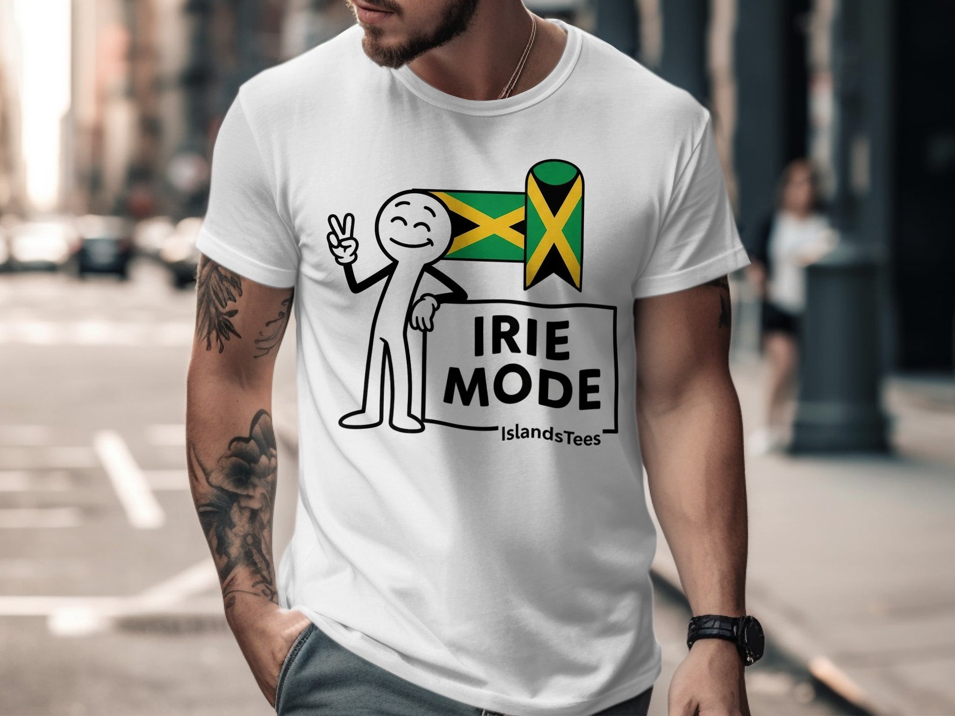 White t-shirt with Jamaican flag, "IRIE MODE", and "IslandsTees" logo.