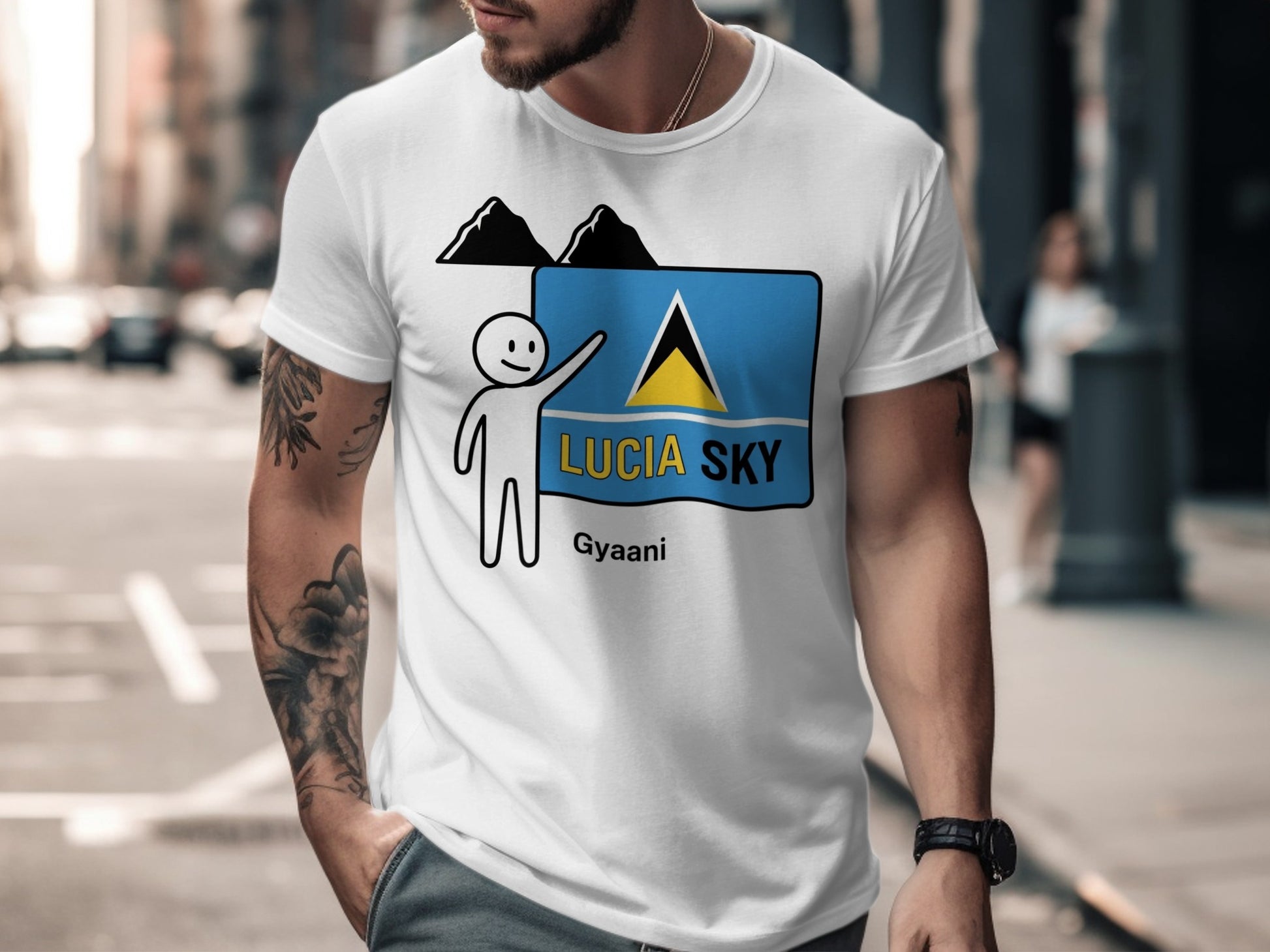 White t-shirt with "Saint Lucia Sky" logo and the word "Gyaani".