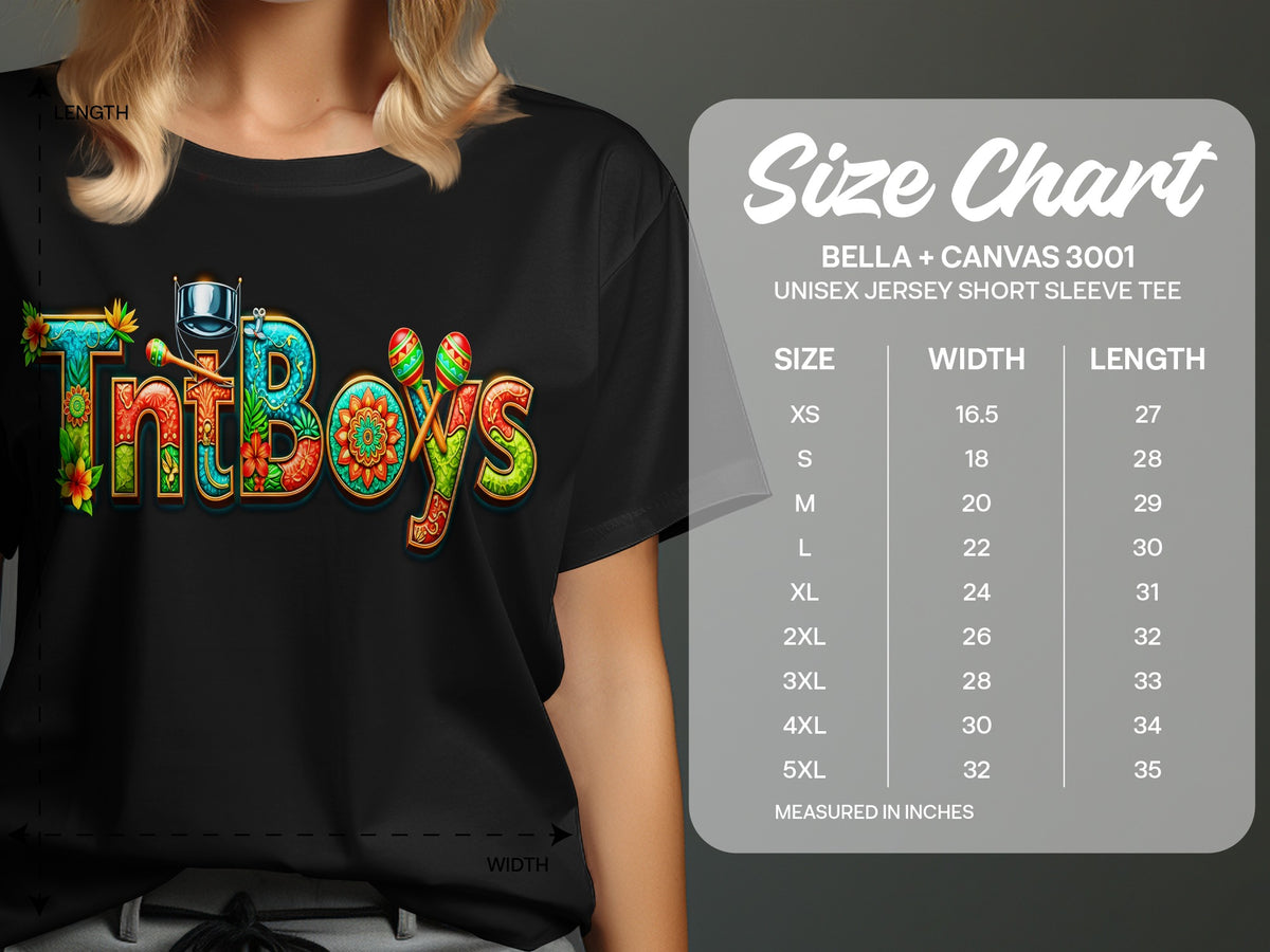 T-shirt size chart showing chest width and length measurements for Bella + Canvas 3001 tee.