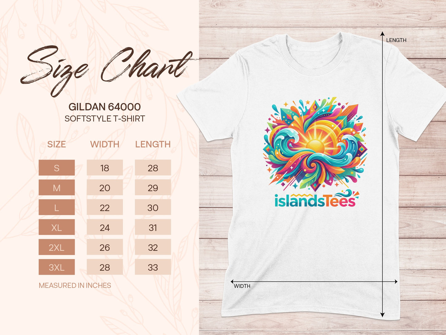 Gildan 64000 Softstyle t-shirt size chart with graphic of sun and waves.