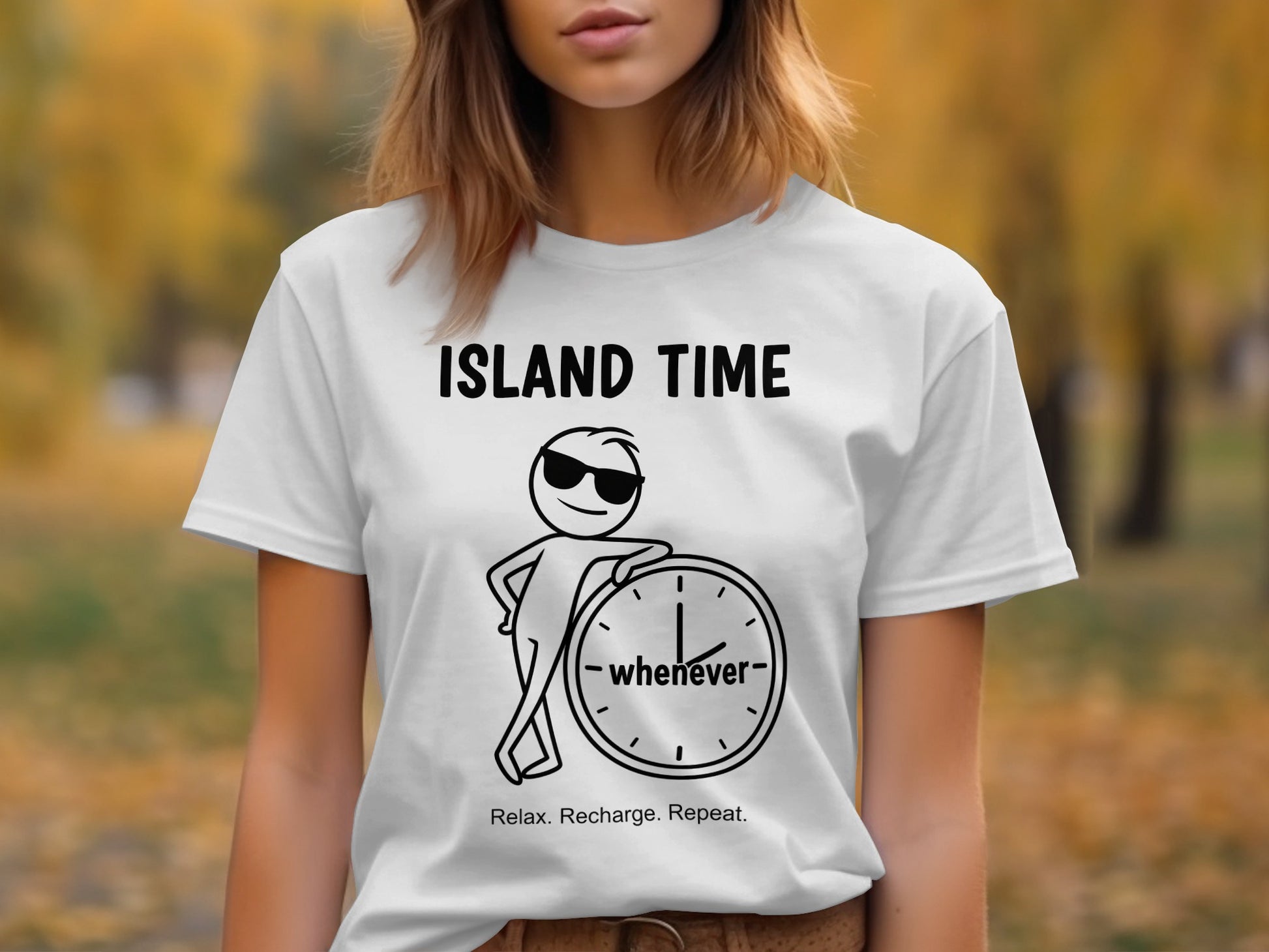 White t-shirt with stick figure and "Island Time Whenever" text.