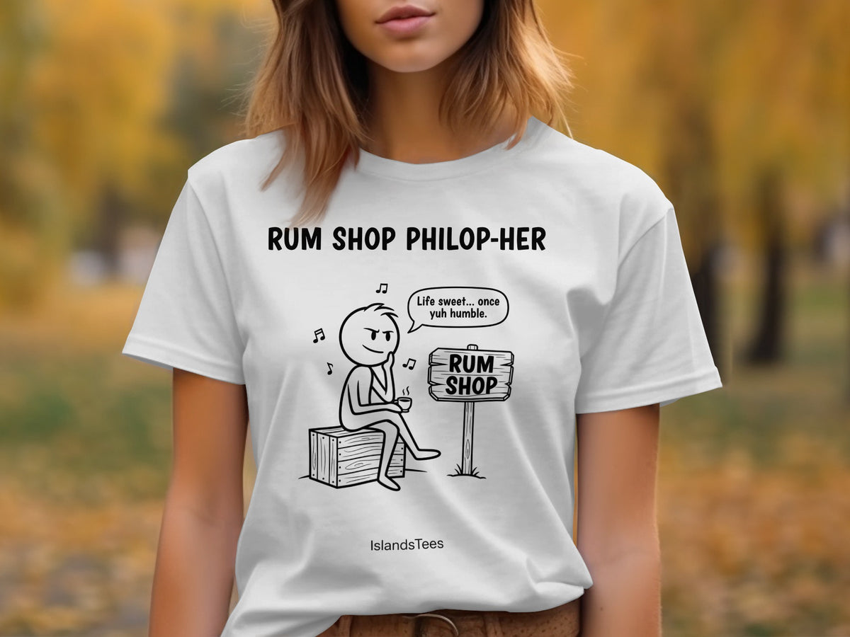 White t-shirt with "Rum Shop Philop-Her" and cartoon character.