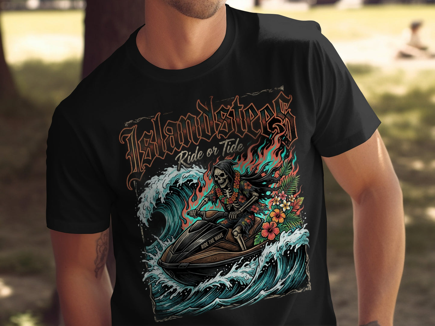 Black t-shirt with "Island Steel Ride or Tide" graphic featuring a skeleton on a jet ski.