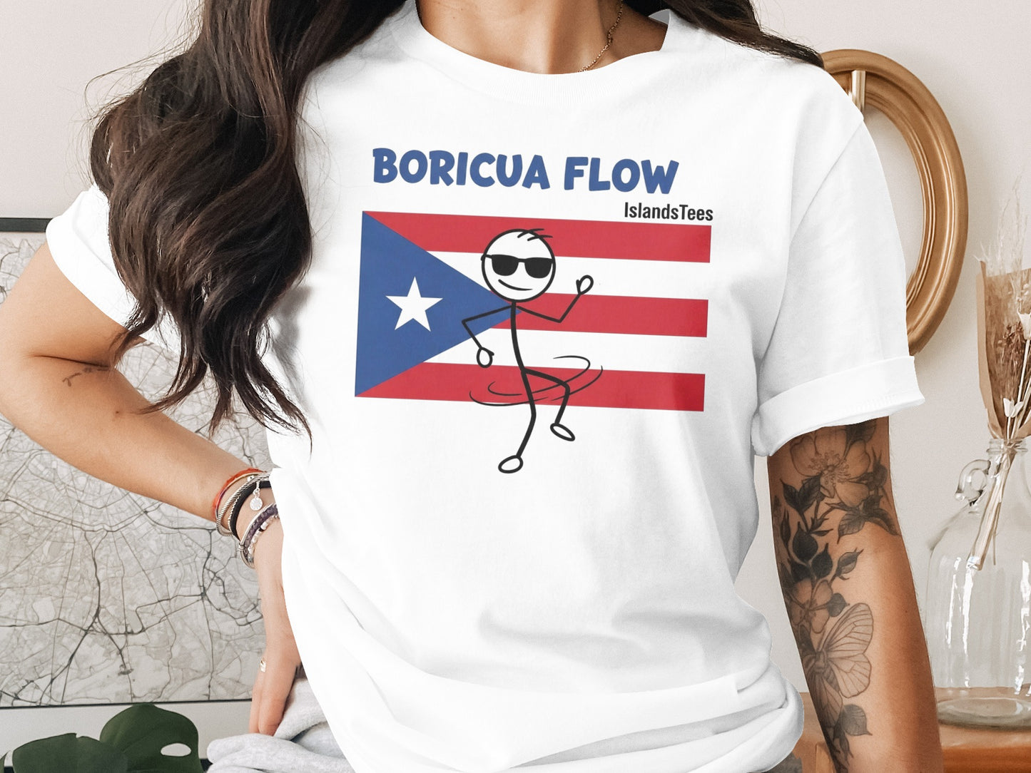 Stick figure with sunglasses spins a hula hoop on Puerto Rico flag shirt.