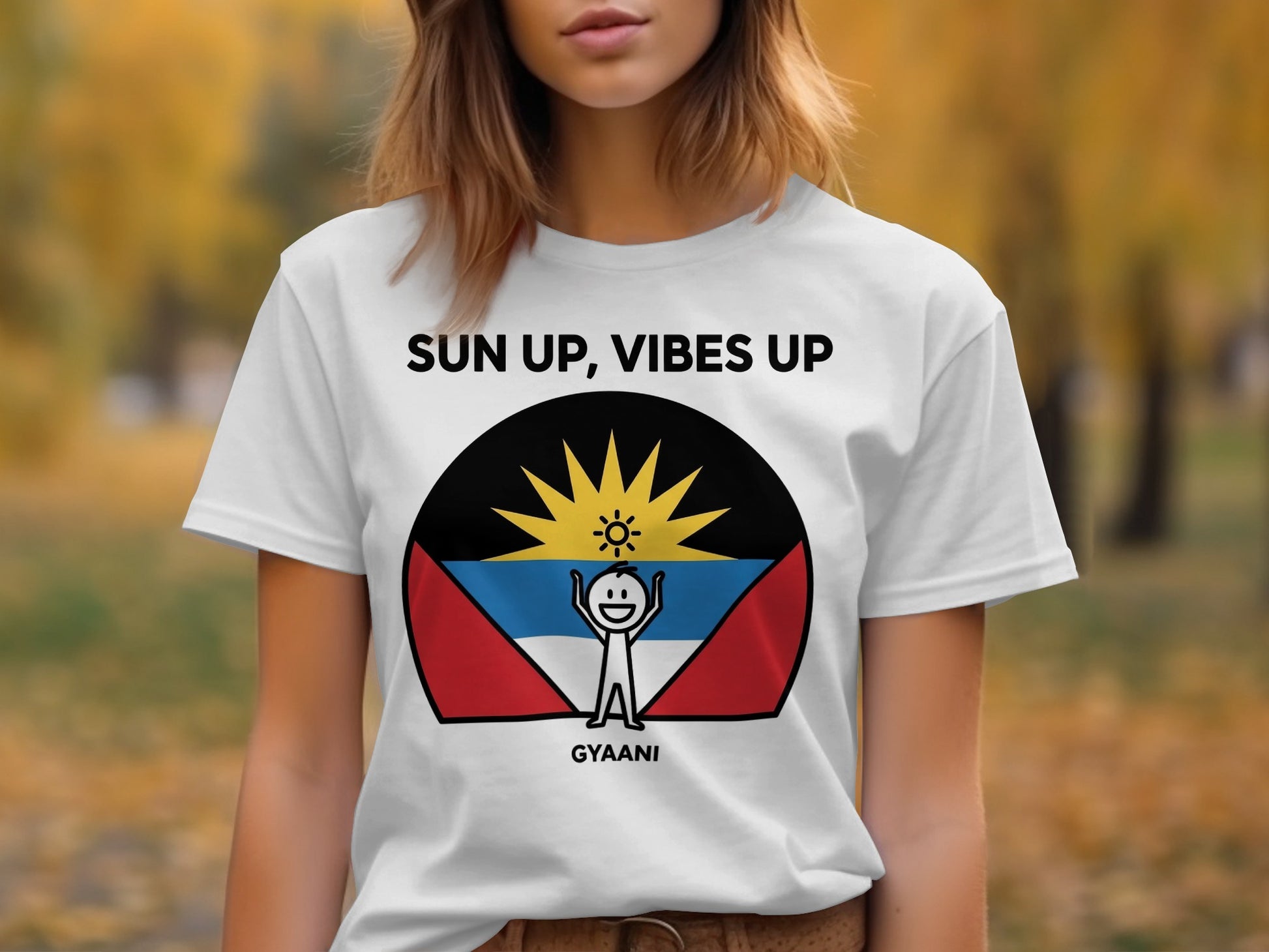 White t-shirt with "SUN UP, VIBES UP" and Antigua and Barbuda flag design.