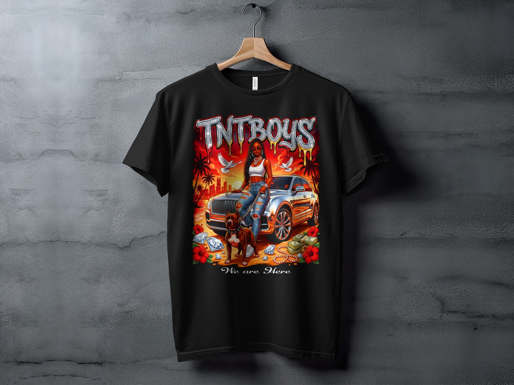Black t-shirt graphic with "TNTBOYS We Are Here" text, woman, dog, and car.