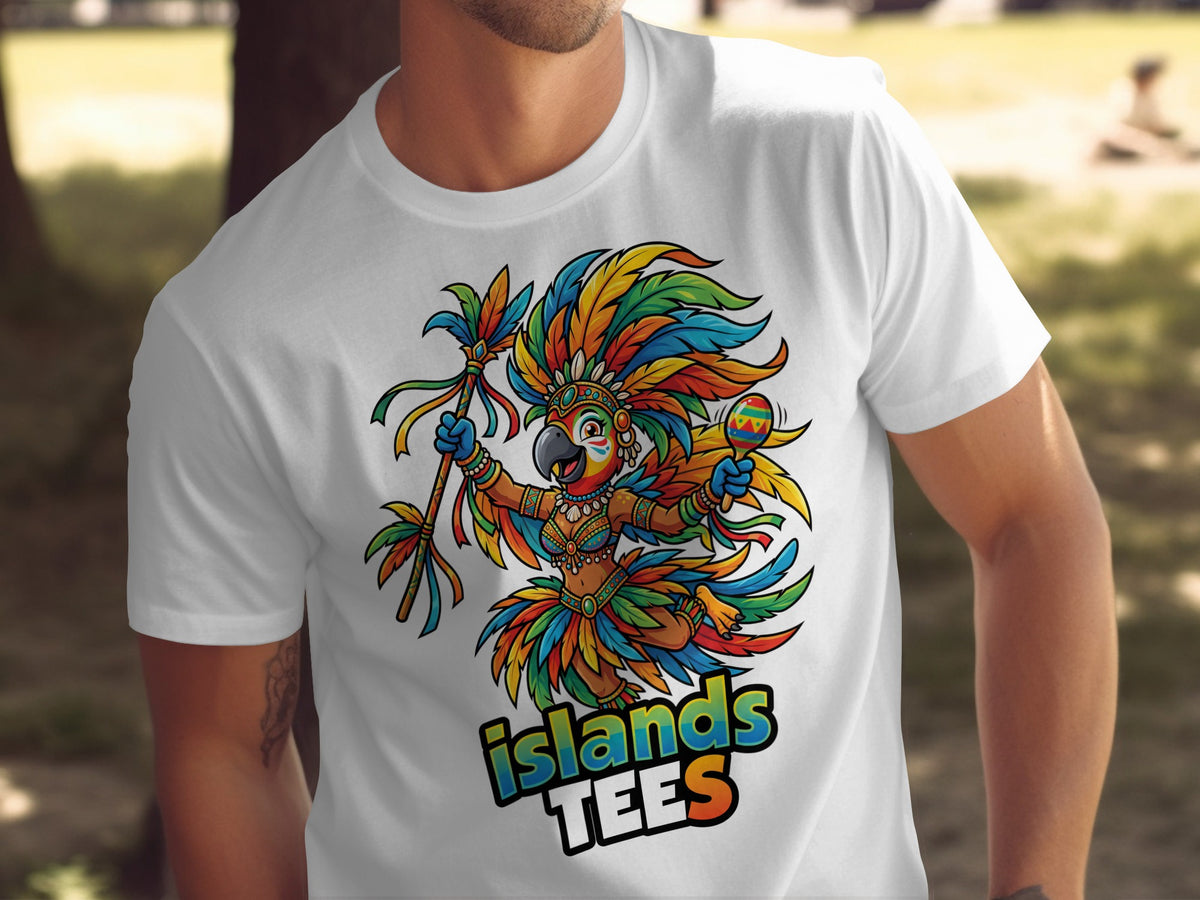 White t-shirt with cartoon parrot holding a maraca and "islands TEES" logo.