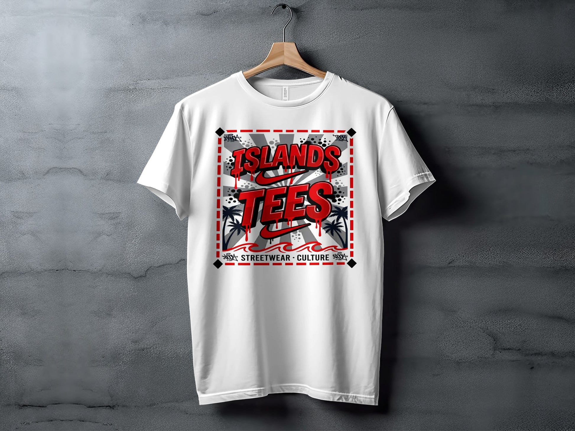 White t-shirt featuring "ISLANDS TEES STREETWEAR CULTURE" logo with waves and palm trees.