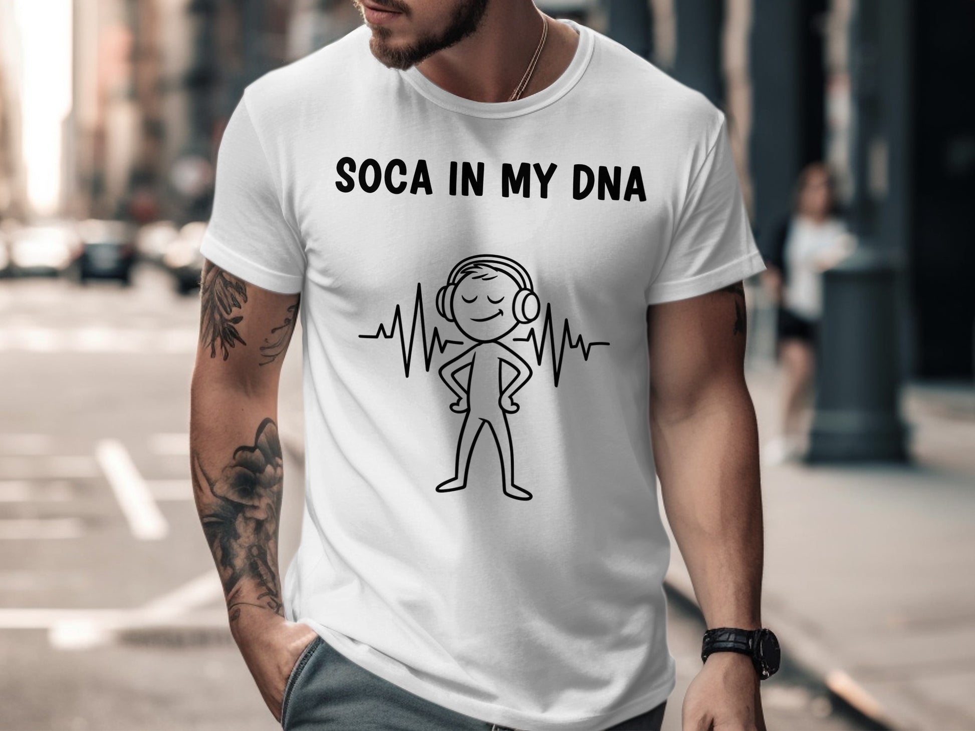 White t-shirt with "Soca in My DNA" and a stick figure wearing headphones.