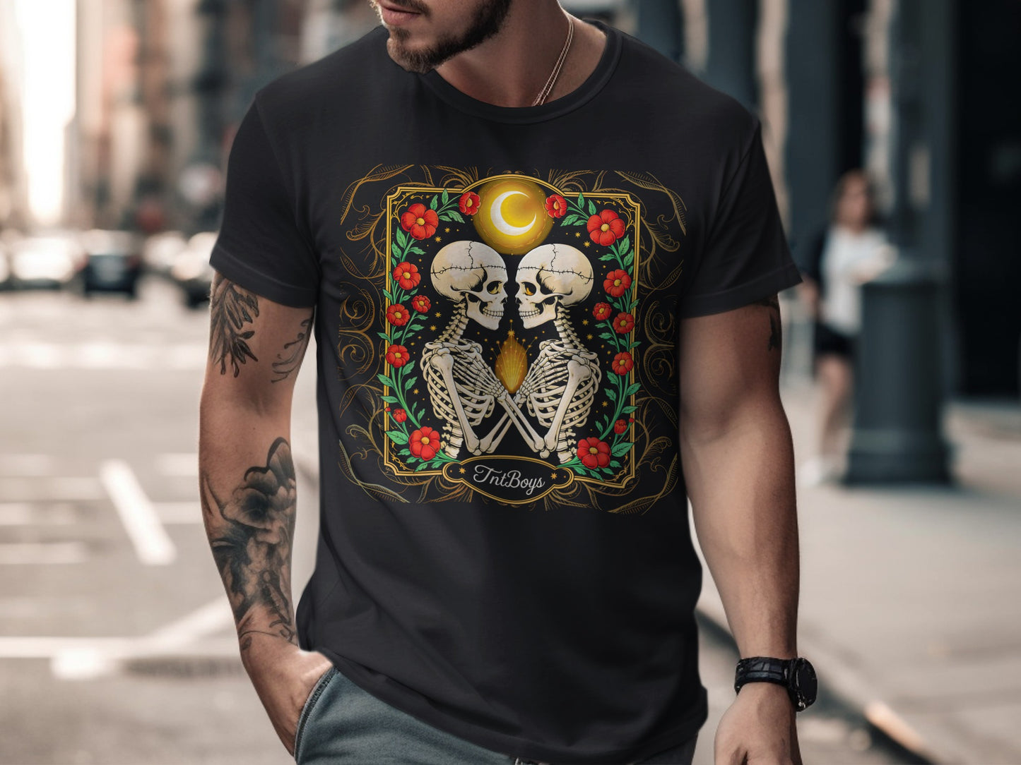 Intricate Skeleton Couple Moon Design Dark T-shirt