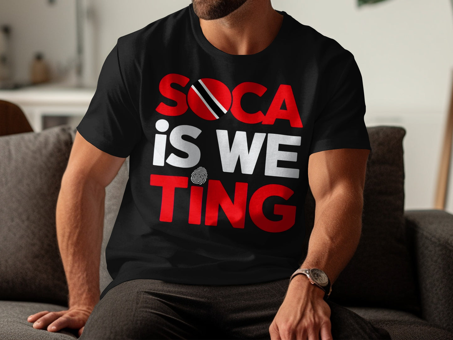 Black t-shirt with "SOCA IS WE TING" text and Trinidad and Tobago flag.