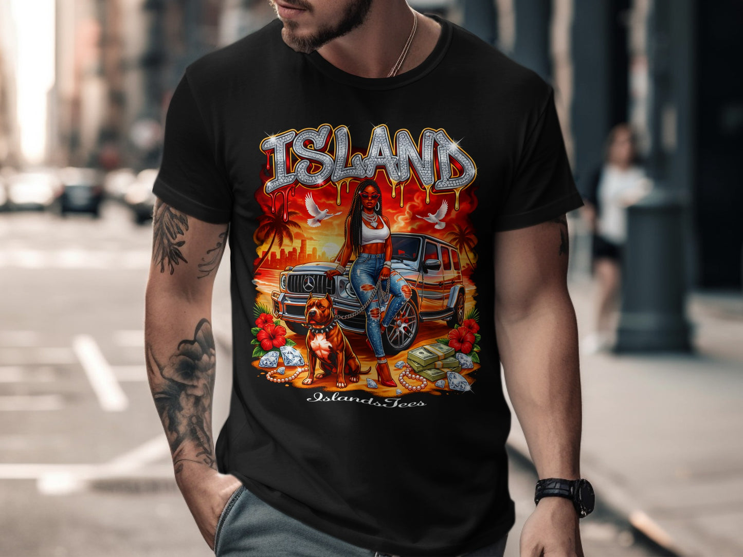 Black t-shirt with a blinged-out "ISLAND" logo, a pit bull, a luxury SUV, and tropical scenery.