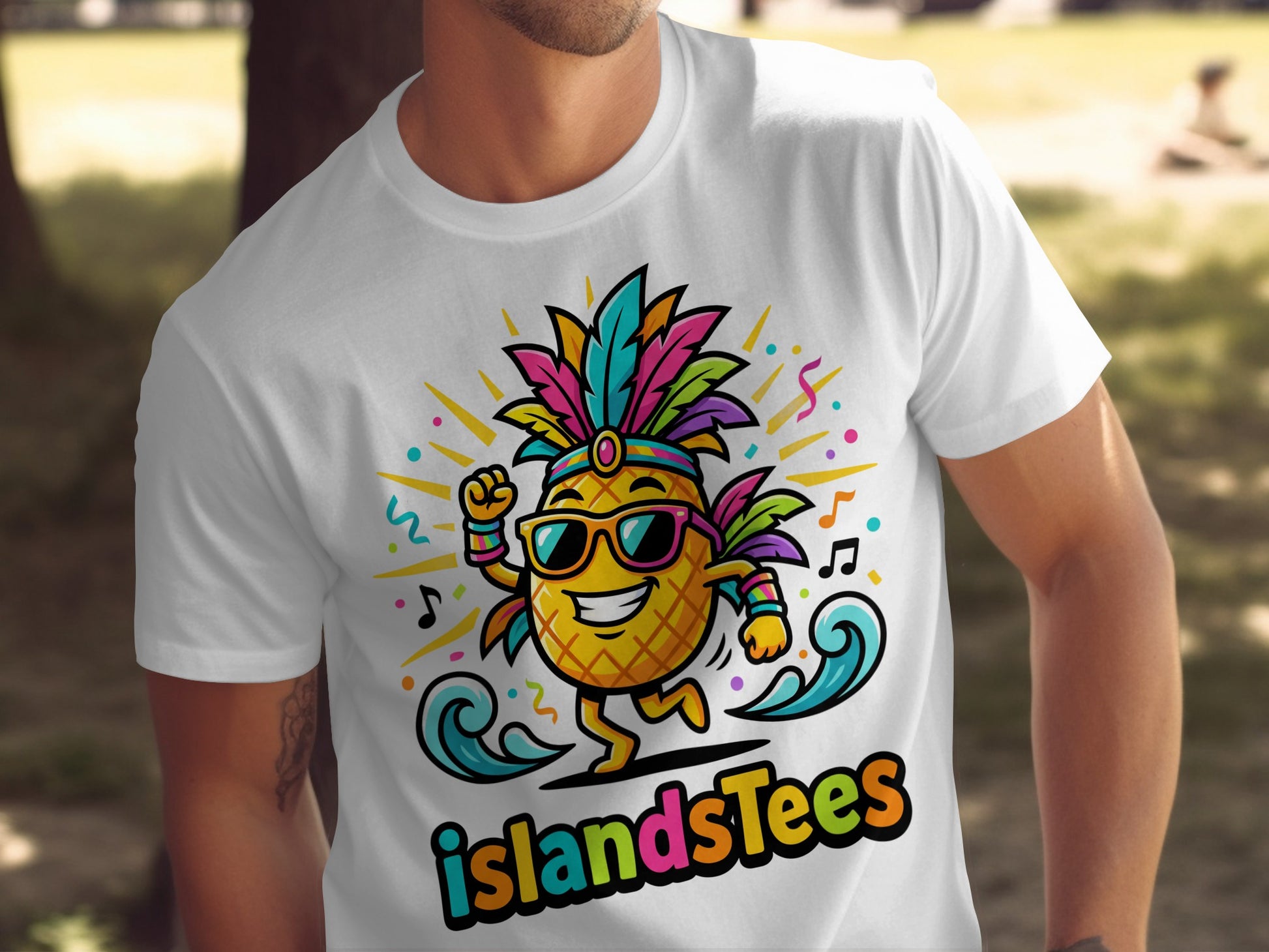 T-shirt graphic featuring a dancing pineapple with sunglasses and a colorful headdress.
