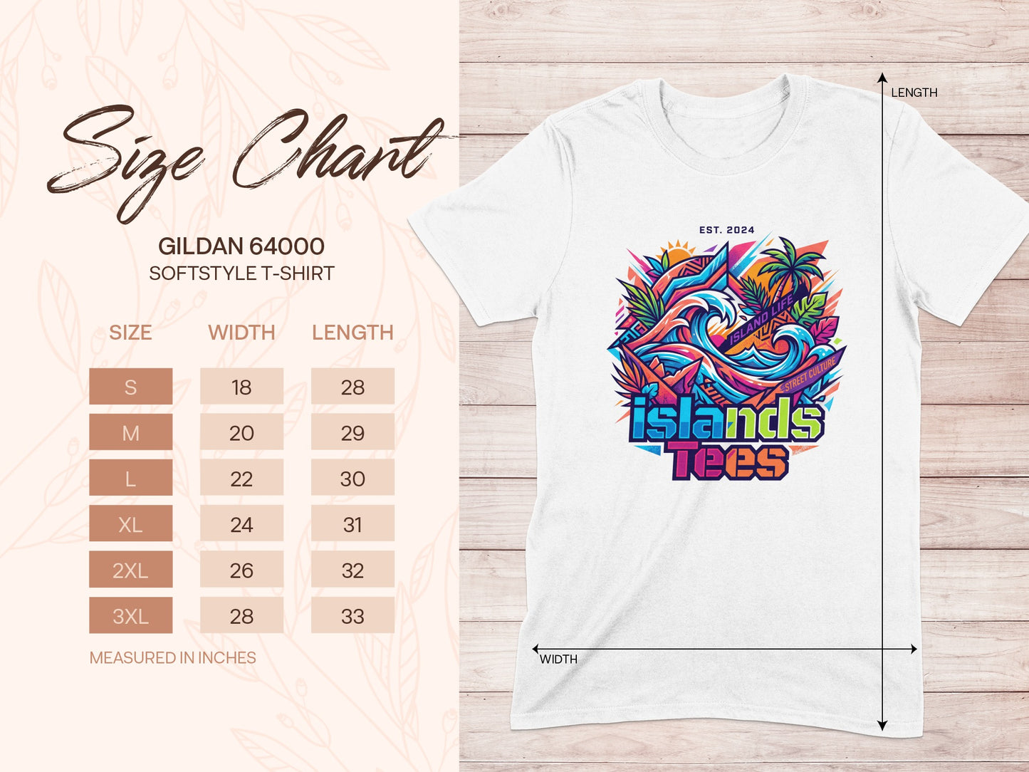 Gildan 64000 size chart for softstyle t-shirts with "Islands Tees" graphic.