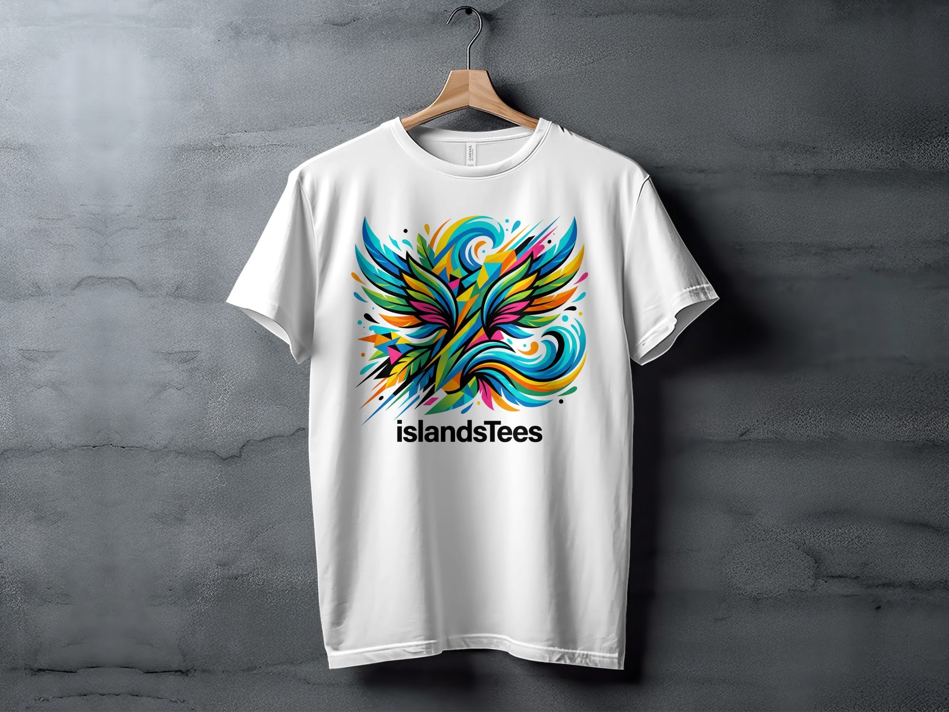 White t-shirt with a colorful, abstract bird graphic and "islandsTees" text.