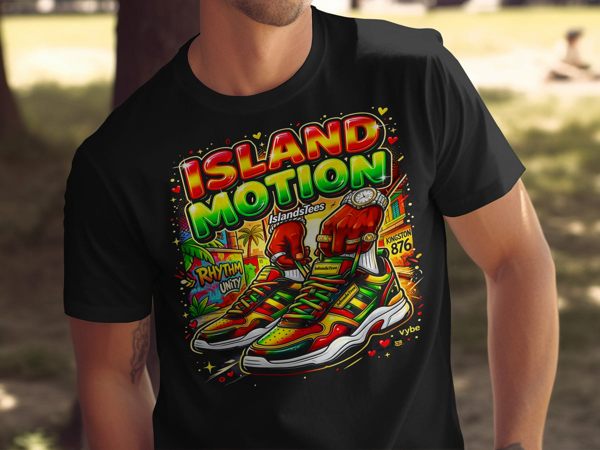 Black t-shirt with colorful "Island Motion" graphic and sneakers.