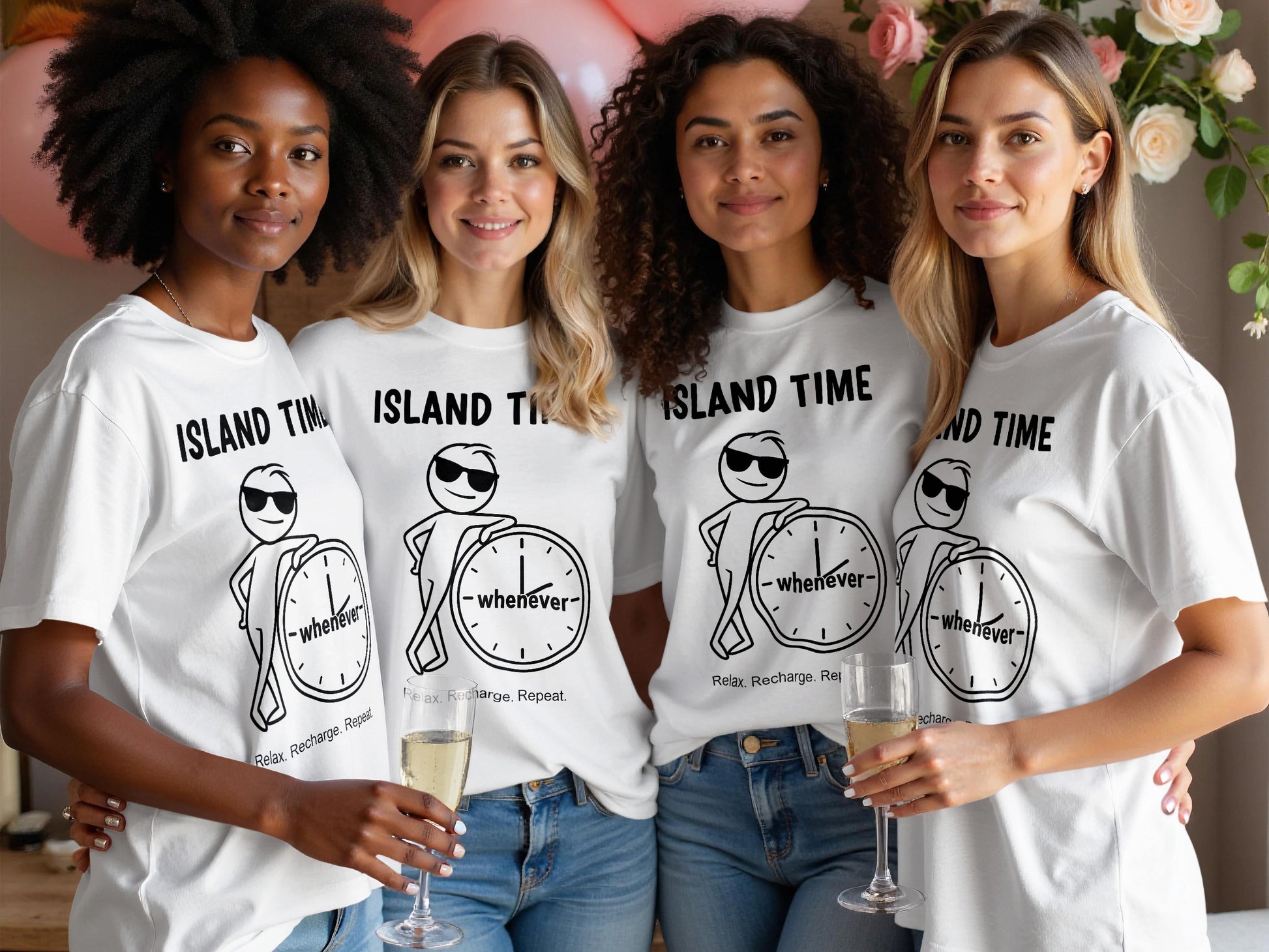 Four women in white t-shirts with "Island Time" and clock graphic.