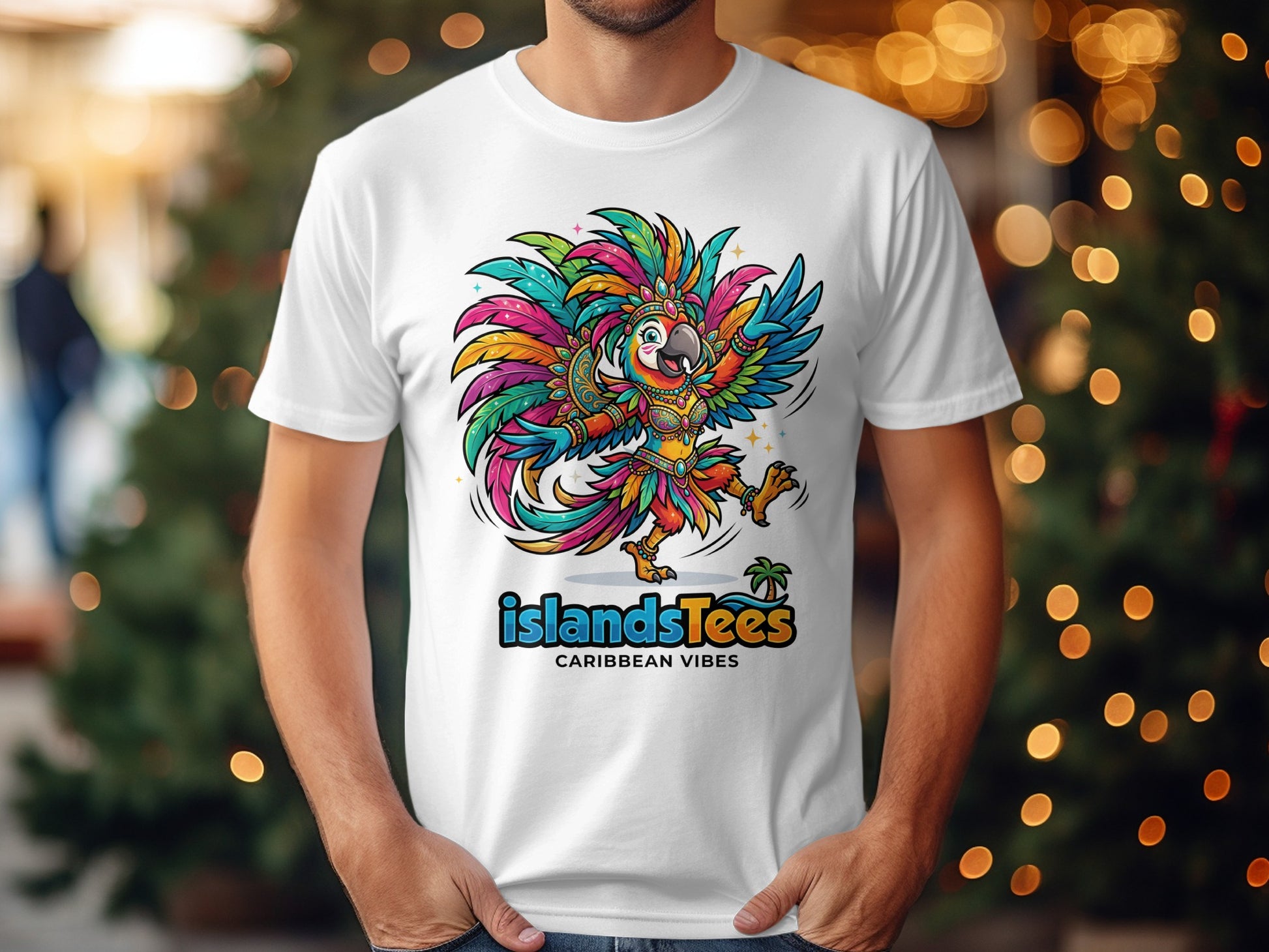 White t-shirt with a vibrant, cartoon parrot dancing and "Caribbean Vibes" text.