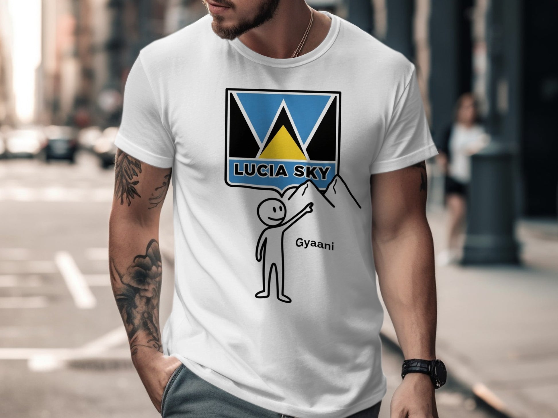 White t-shirt with a graphic of a stick figure holding a flag and "LUCIA SKY" text.