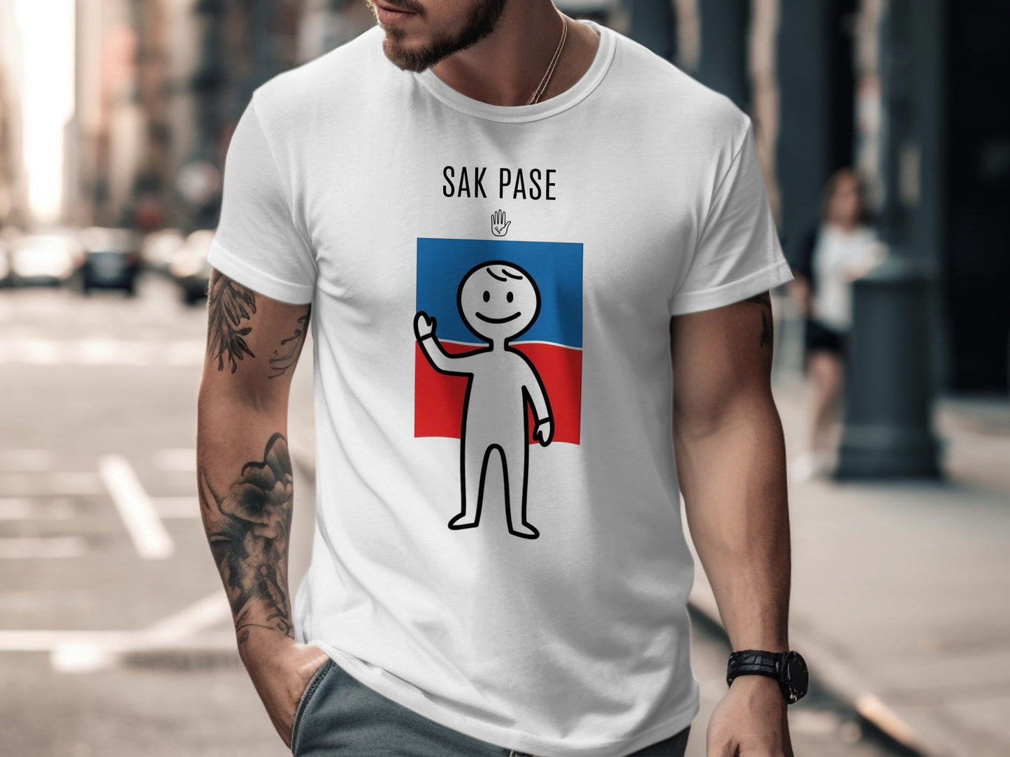 T-shirt with "SAK PASE" text and a simple red, white, and blue flag design.